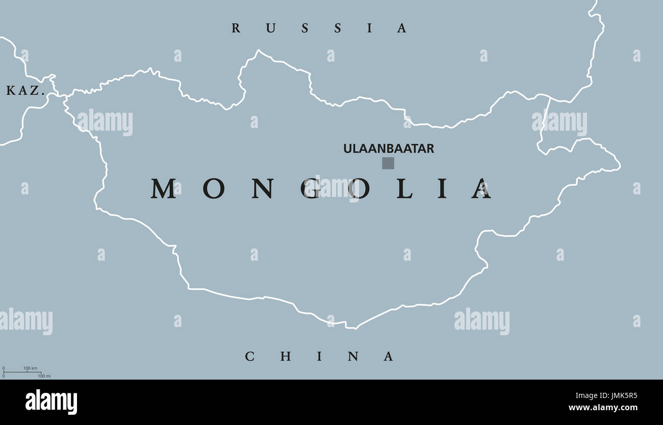 Carte politique de la Mongolie avec capital Oulan-bator. État souverain unitaire sans littoral en Asie de l'est entre la Russie et la Chine. Ex Mongolie extérieure. Banque D'Images