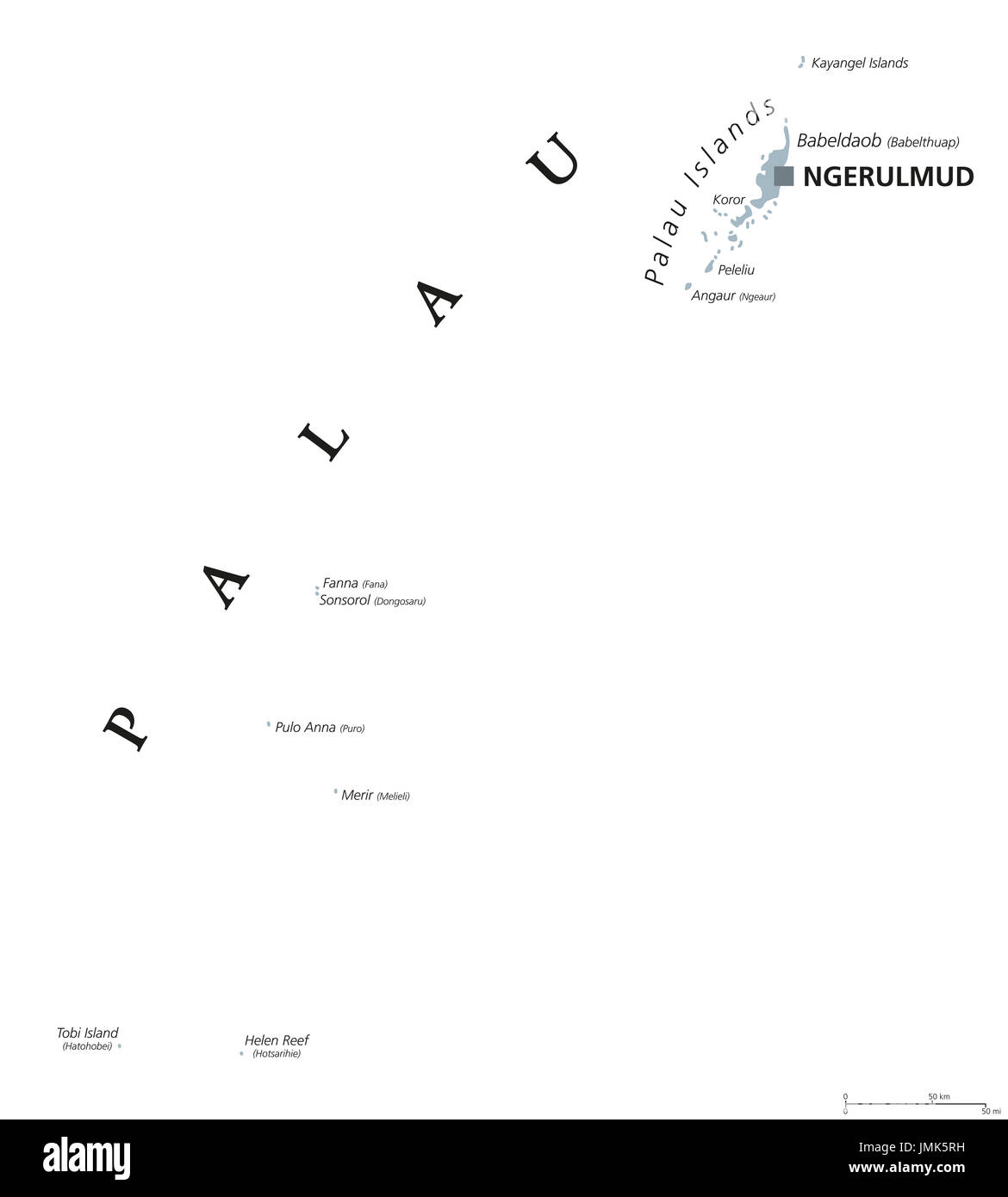 Carte politique de Palau avec capital Ngerulmud. République et pays de l'île dans l'océan Pacifique. Partie d'îles Caroline en Micronésie. Ancien Belau. Banque D'Images
