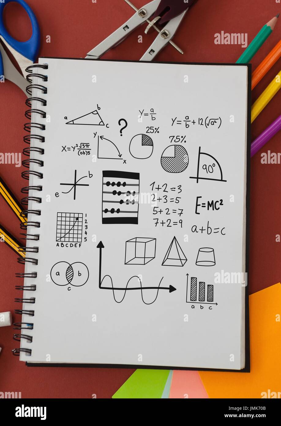 Composite numérique de cartes mathématiques dessins sur le bloc-notes avec modèle Banque D'Images