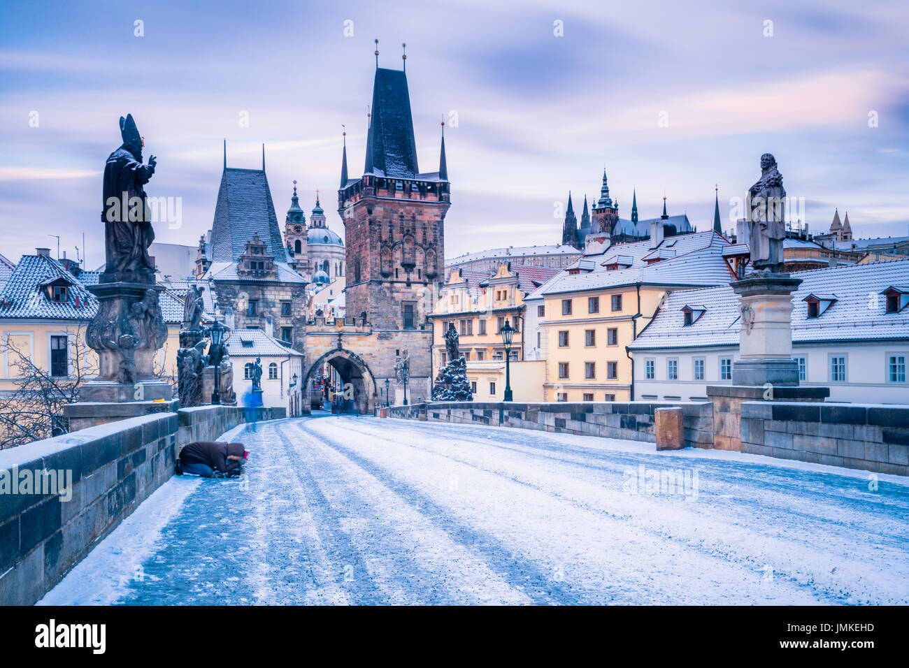 L'Europe, République tchèque, Tchéquie, Prague, vieille ville historique, l'UNESCO, le pont Charles, monument emblématique, Karluv Most sur Vltava (Moldau, hiver, Banque D'Images