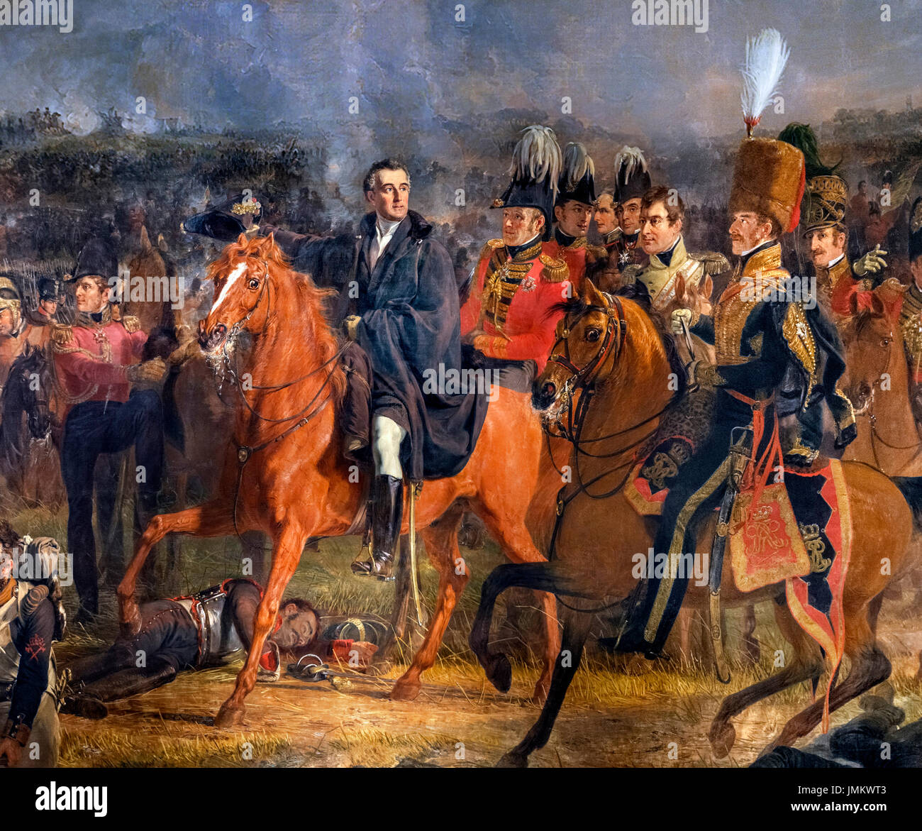 La bataille de Waterloo par Jan Willem Pieneman (1779-1853), huile sur toile, 1824. Le tableau montre le duc de Wellington, à cheval à gauche de la photo, à un moment décisif dans la bataille de Waterloo le 18 juin 1815. Détail d'une peinture, plus JMKWT8. Banque D'Images