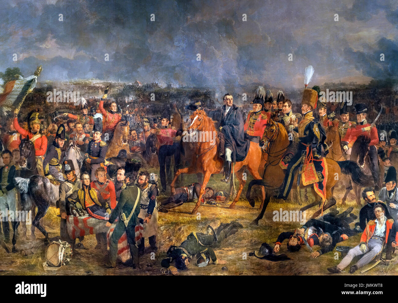 La bataille de Waterloo par Jan Willem Pieneman (1779-1853), huile sur toile, 1824. Le tableau montre le duc de Wellington, à cheval au centre de la photo, à un moment décisif dans la bataille de Waterloo le 18 juin 1815. William, prince d'Orange, est montré blessé sur une civière à l'avant-plan. Banque D'Images