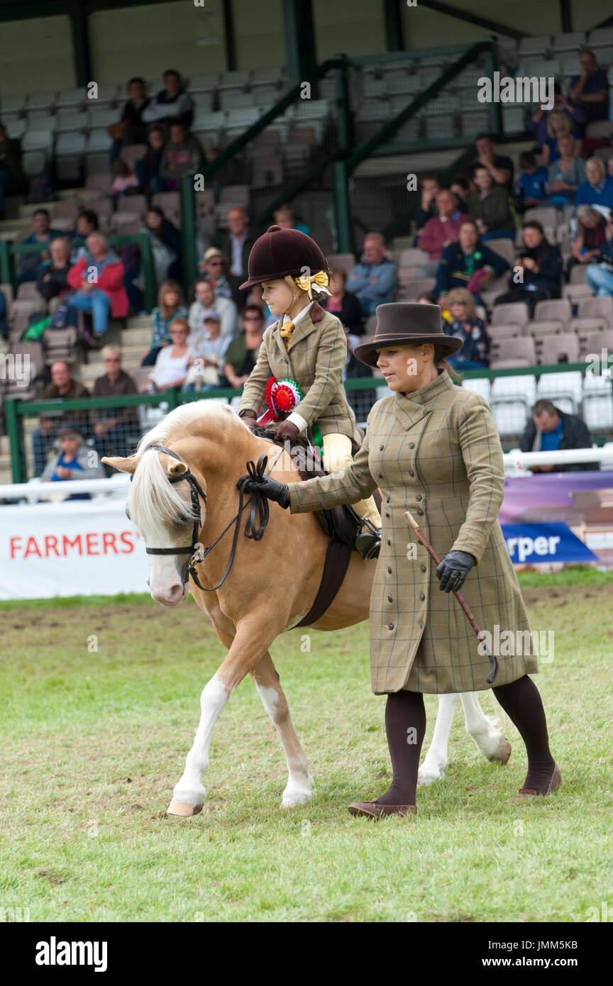 Llanelwedd, Powys, au Royaume-Uni. 27 juillet, 2017. Les jeunes coureurs prennent part à la "champion suprême cheval monté' le dernier jour de la Royal Welsh Show. Le Royal Welsh Show agricole est salué comme le plus grand et plus prestigieux événement du genre en Europe. Plus de 200 000 visiteurs y viennent pour la période de quatre jours. Le tout premier spectacle a été à Aberystwyth en 1904 et a attiré 442 entrées de l'élevage. Credit : Graham M. Lawrence/Alamy Live News Banque D'Images