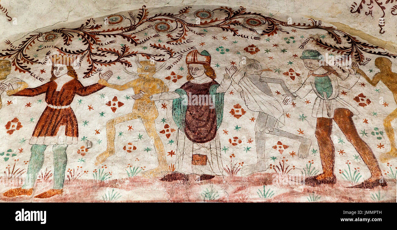 Fresque médiévale danois du 15ème siècle dans le style gothique tardif Noerre Alslev Église sur l'île de Lolland représentant "La Danse de mort',par Banque D'Images