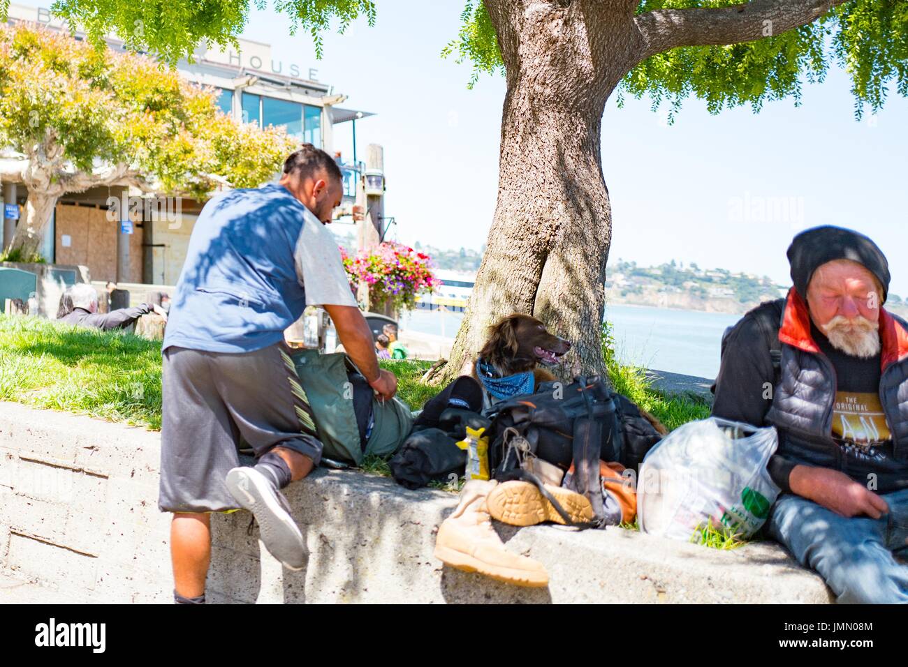 Un sans-abri et d'un voyageur avec un chien assis dans Yee Tock Chee park sur Bridgeway Road dans la baie de San Francisco ville de Sausalito, Californie, le 29 juin 2017. Banque D'Images