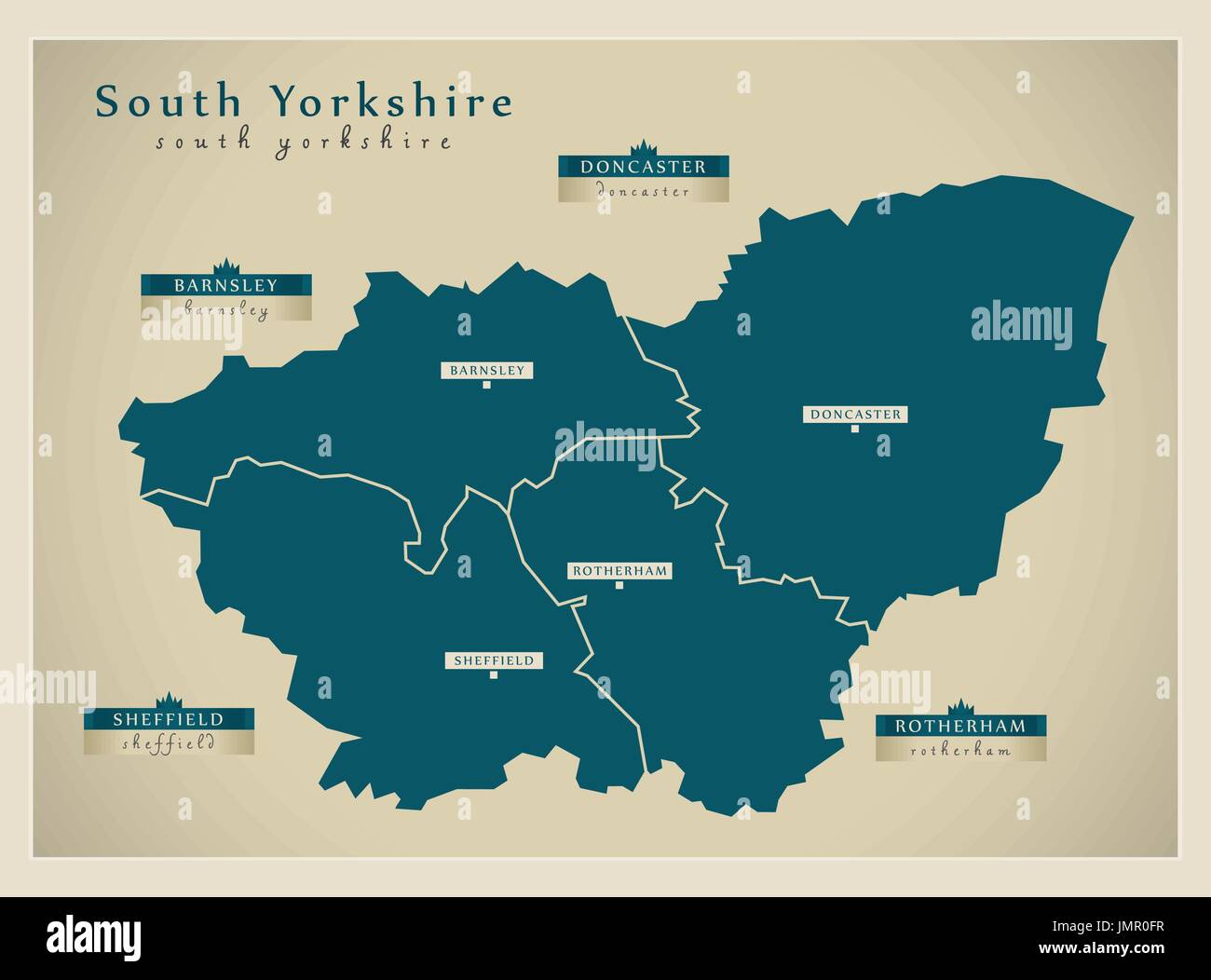Carte moderne - South Yorkshire County district métropolitain avec étiquettes UK illustration Illustration de Vecteur