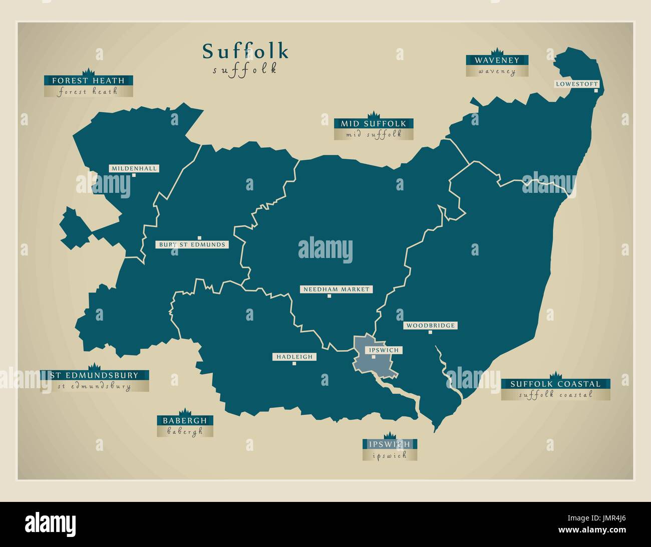 Carte moderne - comté de Suffolk avec étiquettes district England UK illustration Illustration de Vecteur