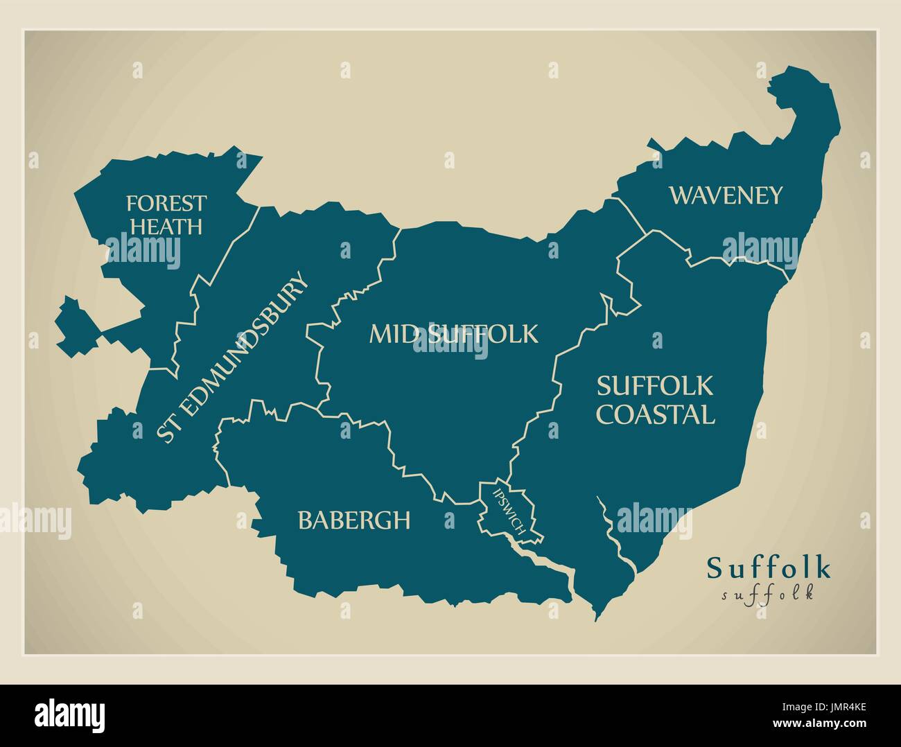 Carte moderne - comté de Suffolk avec légendes district England UK illustration Illustration de Vecteur