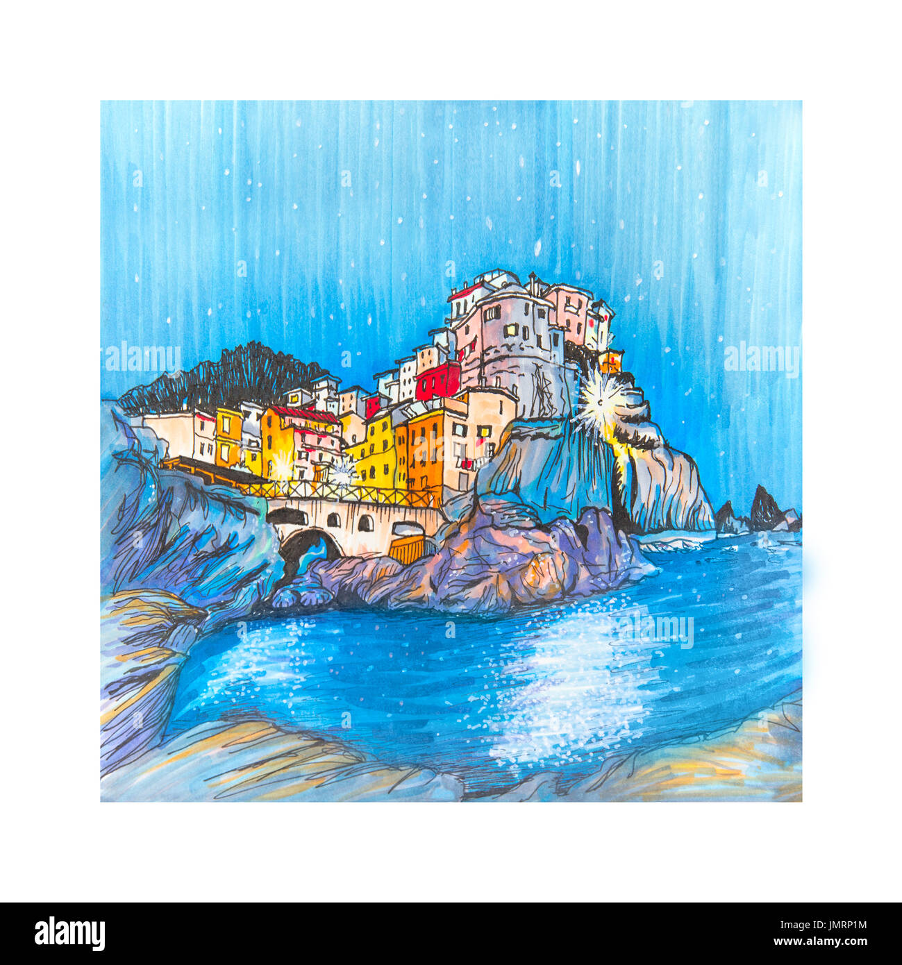 Maisons colorées et dans la mer, Manarola Ligury, Italie Banque D'Images