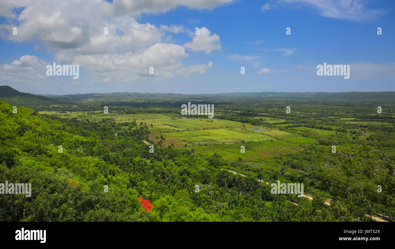 La vue sur la vallée de Yumurí avec champs de palmiers et de tabac, cultures et de verdure, la Province de Mayabeque, Cuba Banque D'Images La vue sur la vallée de Yumurí avec champs de palmiers et de tabac, cultures et de verdure, la Province de Mayabeque, Cuba Banque D'Images
