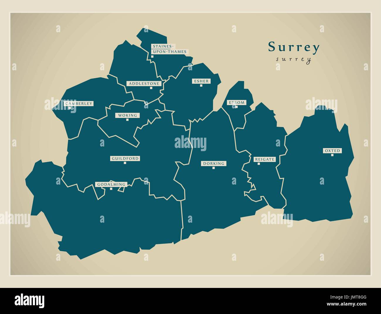 Carte moderne - Surrey County avec les villes et districts England UK illustration Illustration de Vecteur