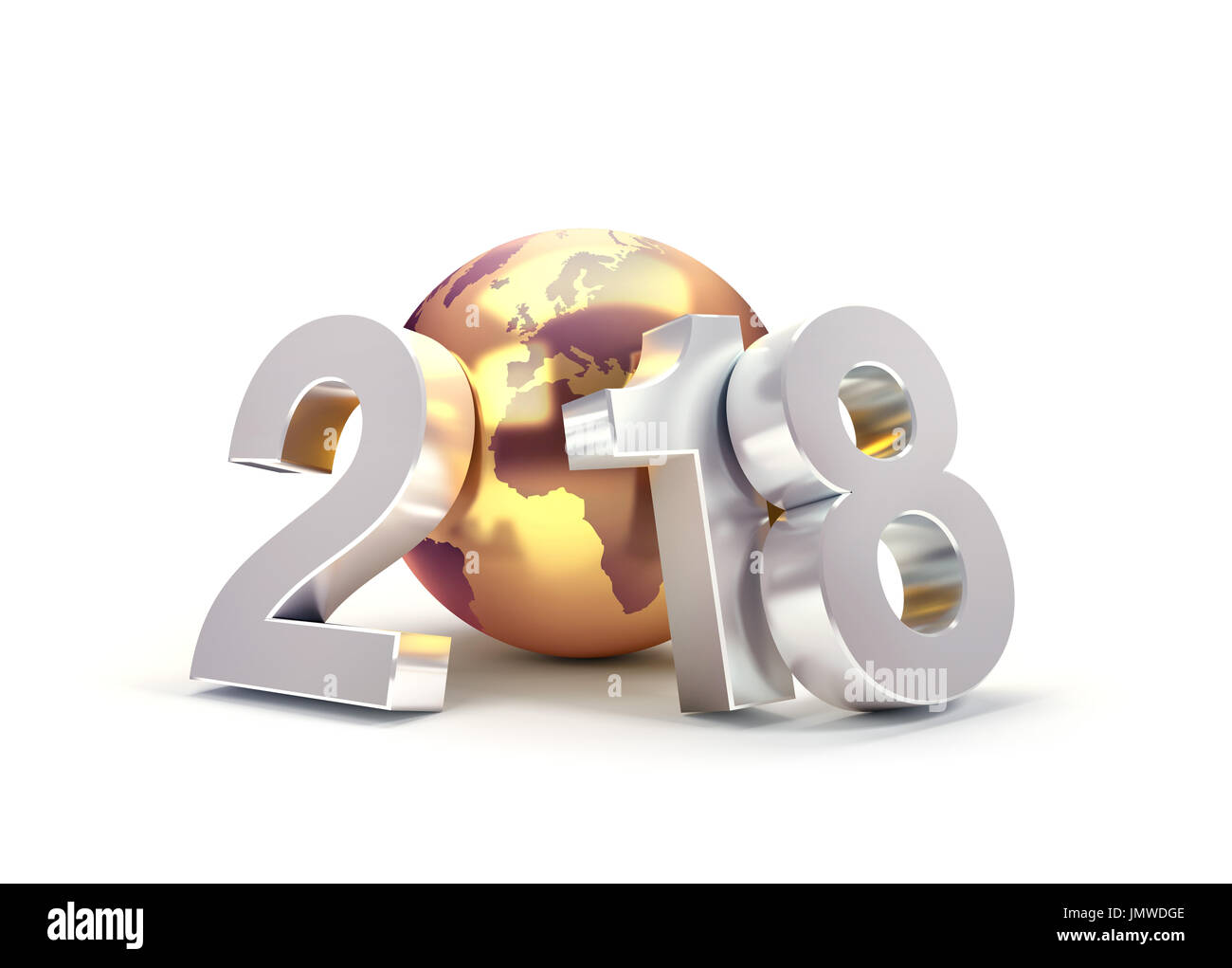 2018 Nouvelle année type composé d'un golden planète terre, isolé sur blanc - 3D illustration Banque D'Images