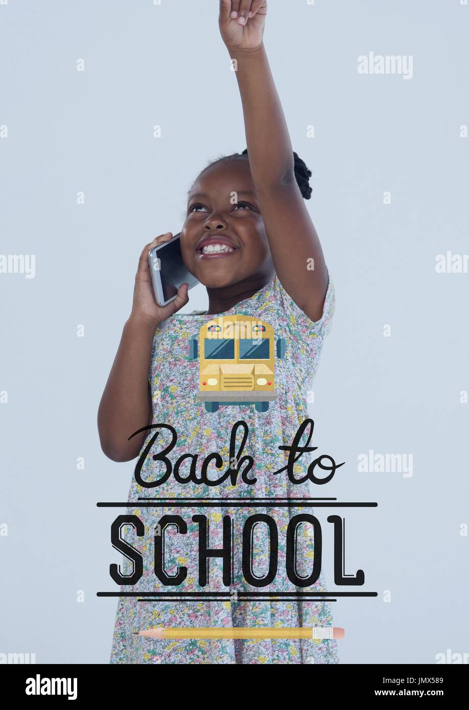 De composite numérique illustration Retour à l'école contre l'heureux enfant office girl pointing up contexte Banque D'Images