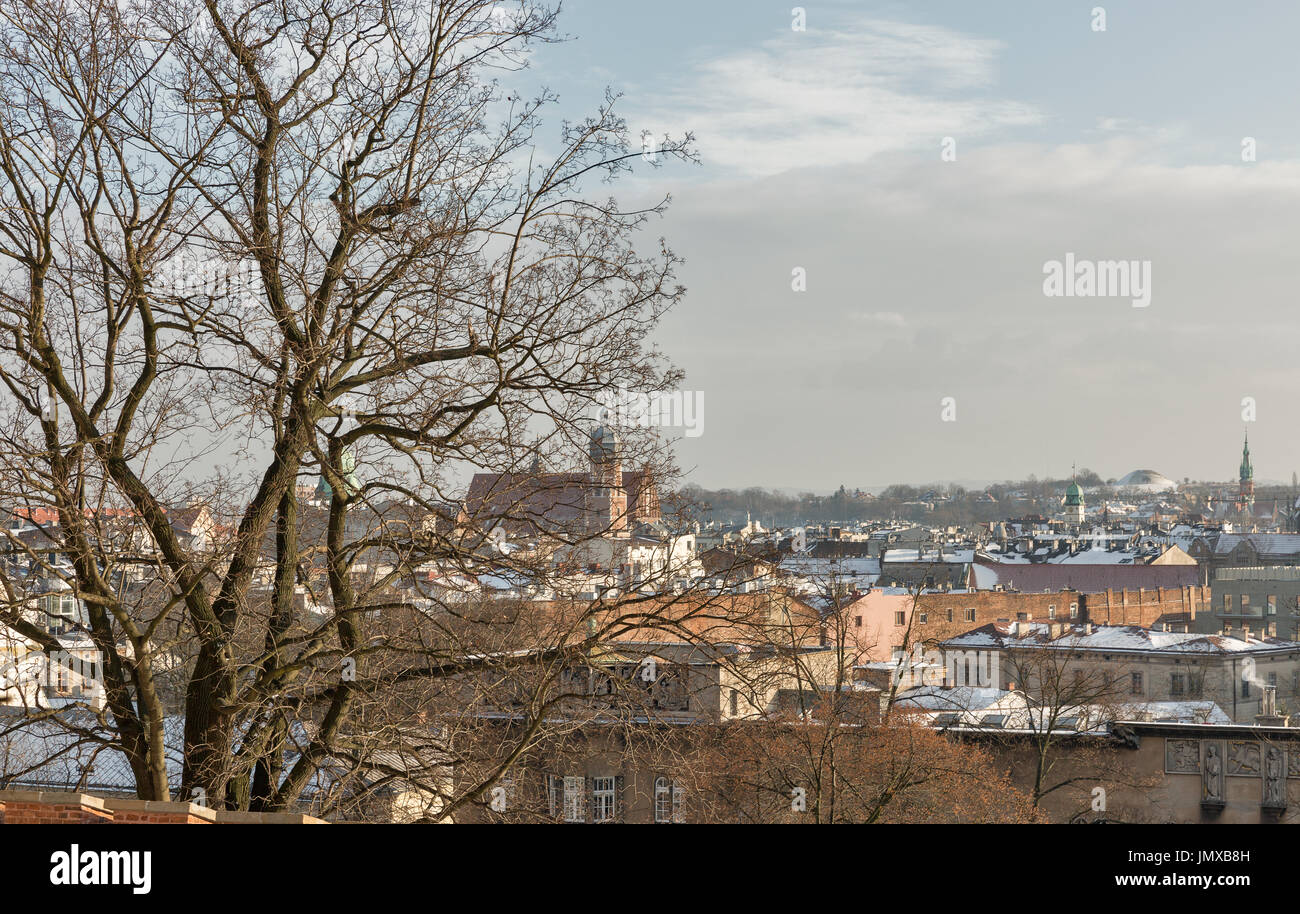 L'hiver avec de la neige sur les toits de Cracovie sur les toits, la Pologne. Banque D'Images