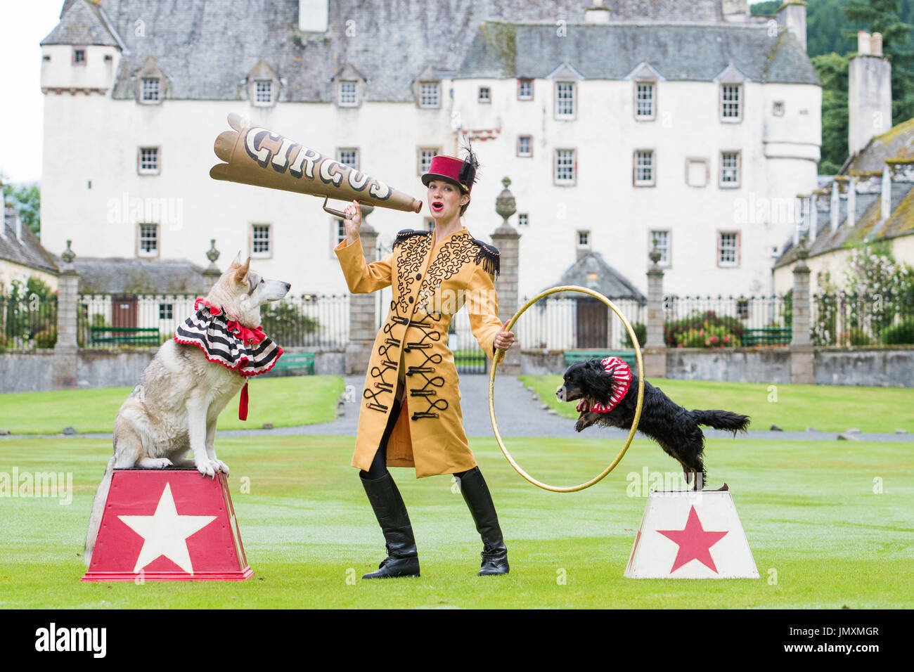 Photo: Ring Master Bethany Martin et ses chiens Moscou les Inuit du Nord, Bruno le Lab et Puppet le coc de travail Banque D'Images