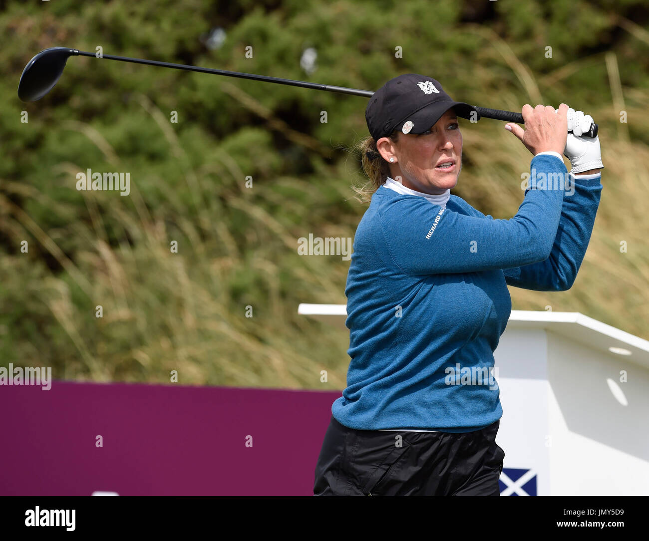 Cristie Kerr États-unis tee's off à la 10e lors de la deuxième journée de l'Aberdeen Asset Management chers à ouvrir écossais Liens Dundonald, North Ayrshire. Banque D'Images