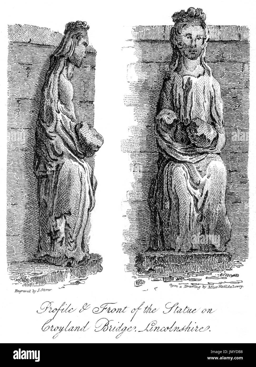 Gravure du profil et l'avant de la statue sur le pont (pont de Croyland Trinity, Crowland) Lincolnshire numérisées à haute résolution à partir d'un livre de 1808. Banque D'Images