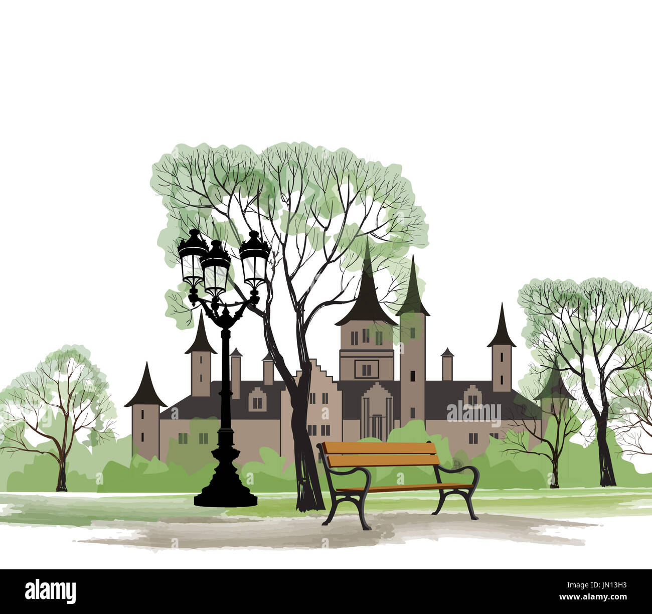 Paysage urbain d'ancienne ville européenne. Château avec jardin au printemps. Banc dans park et lampe de rue, Paysage de printemps. Banque D'Images