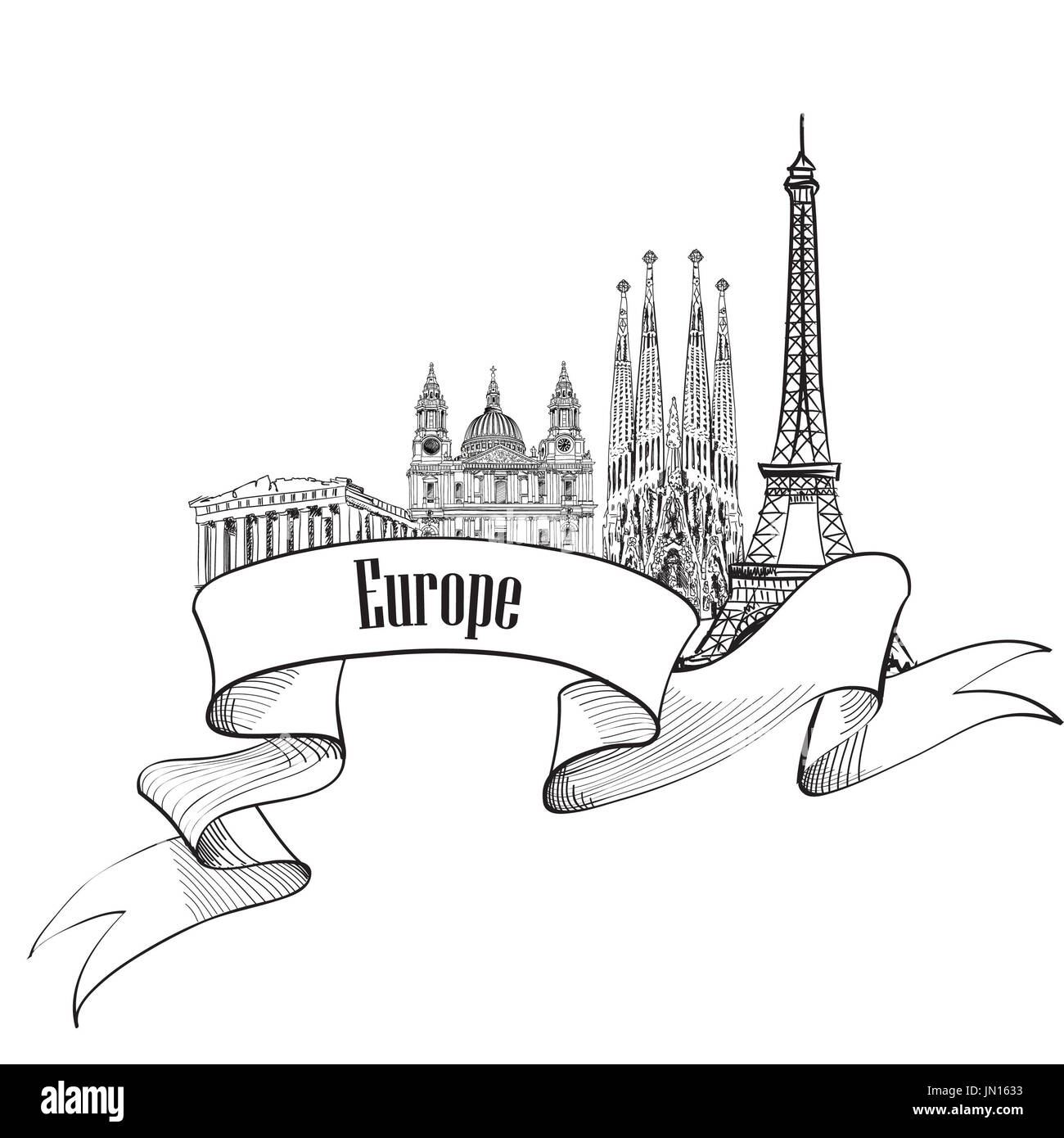 Billet d'Europe label. Bâtiments célèbres et des monuments. Eouropean capitale emblème. Banque D'Images