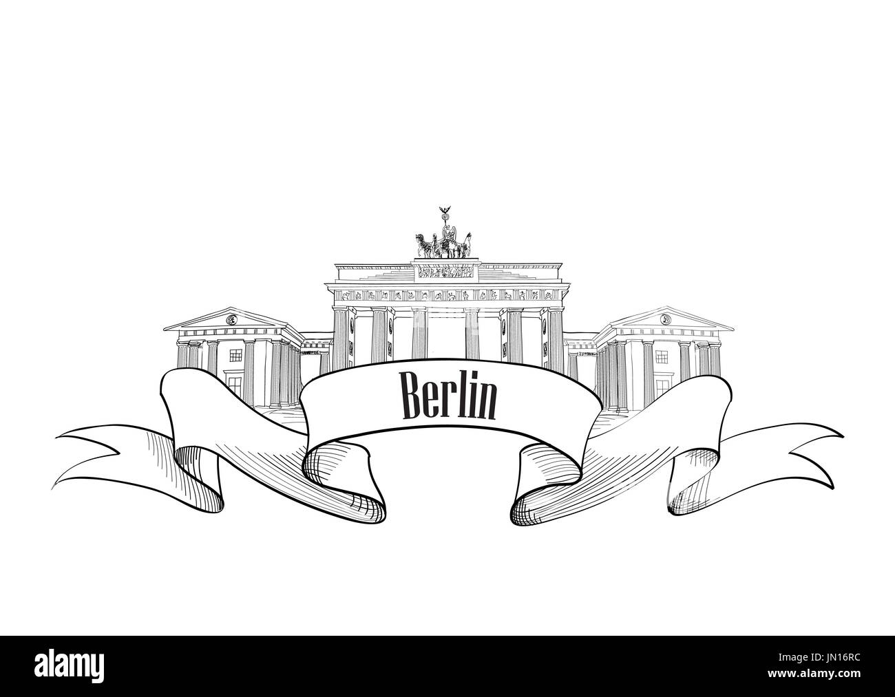 Étiquette de Berlin. Billet Allemagne symbole. Repère architectural allemand célèbre porte de Brandebourg. Banque D'Images