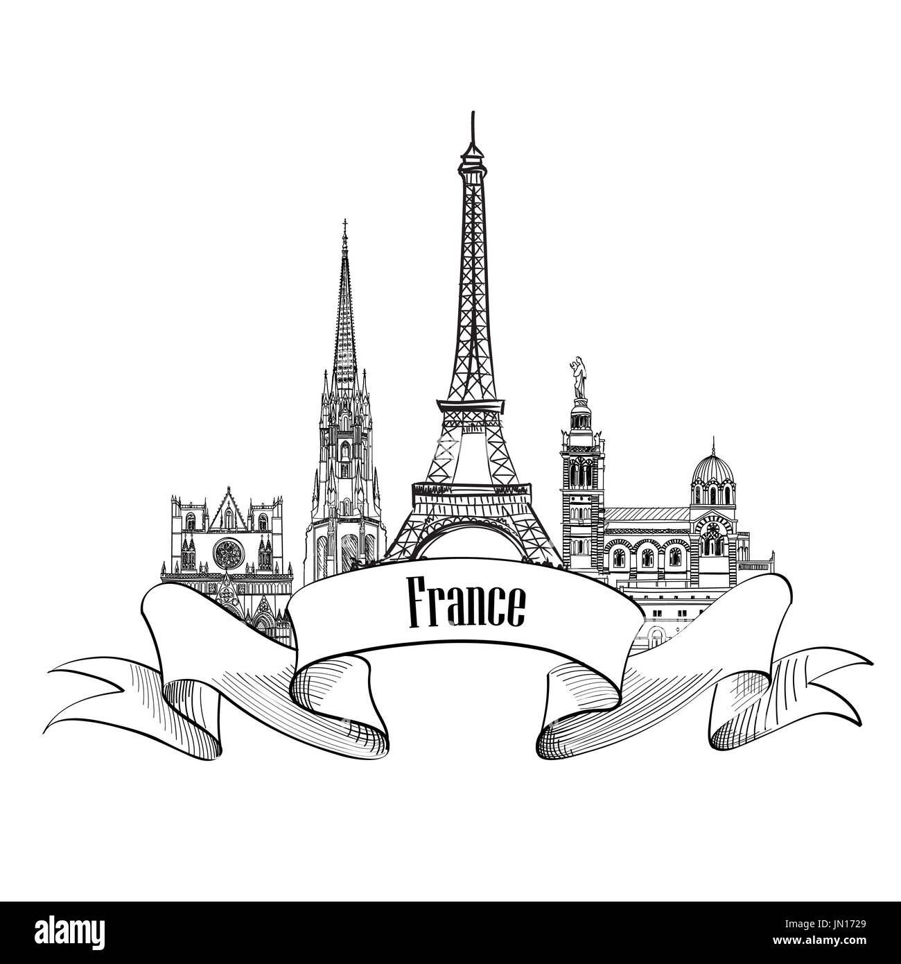 France label. Architecture culture française célèbre. Visiter France bannière. Banque D'Images