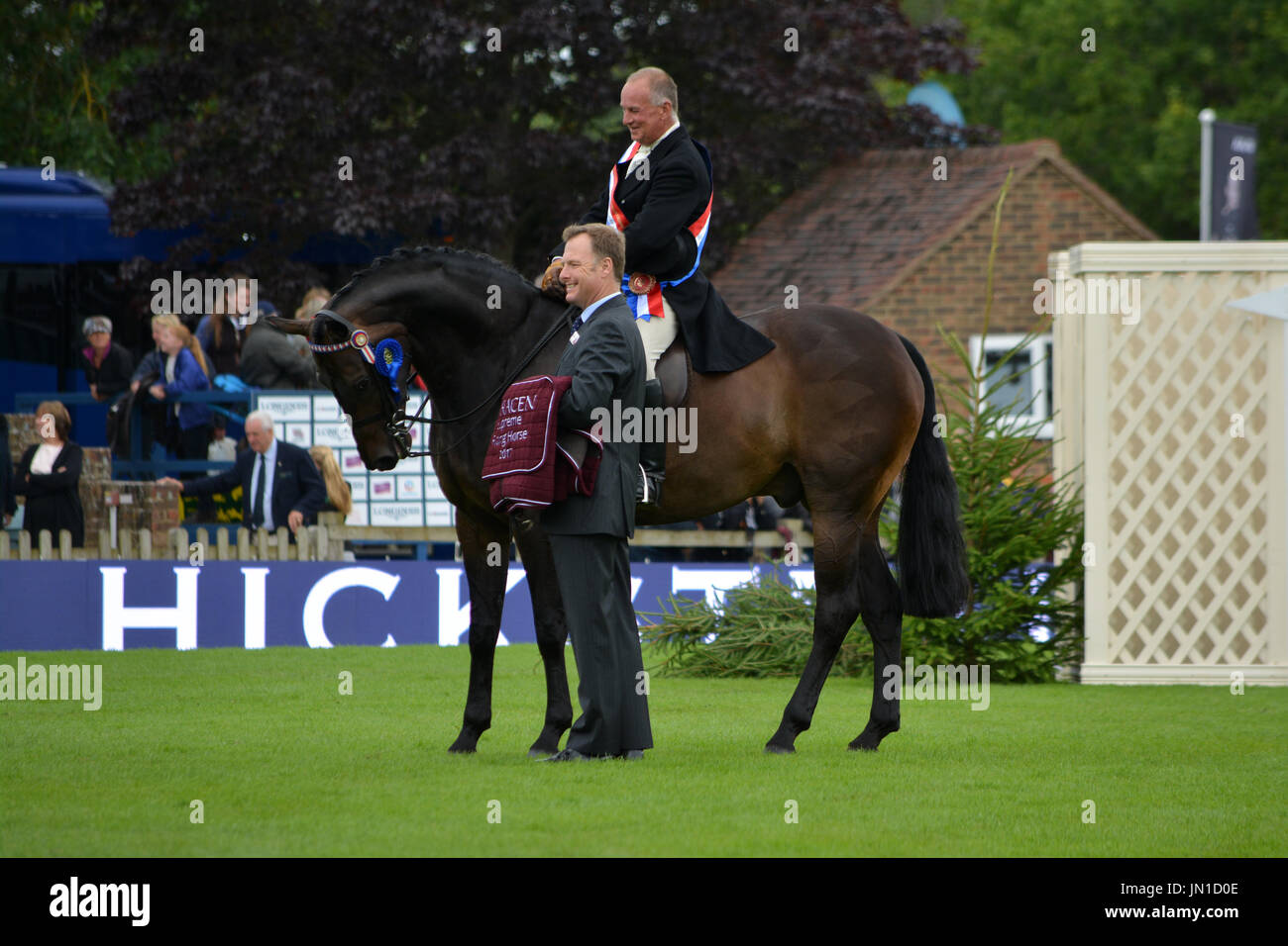 Royal International Horse Show, Hickstead, Sussex. 28 juillet, 2017. ALLISTER HOOD équitation les diamants sont éternels gagnant le cheval Sarrasine Rss Championnat suprême Riding Horse Crédit : Tim Mander/Alamy Live News Banque D'Images