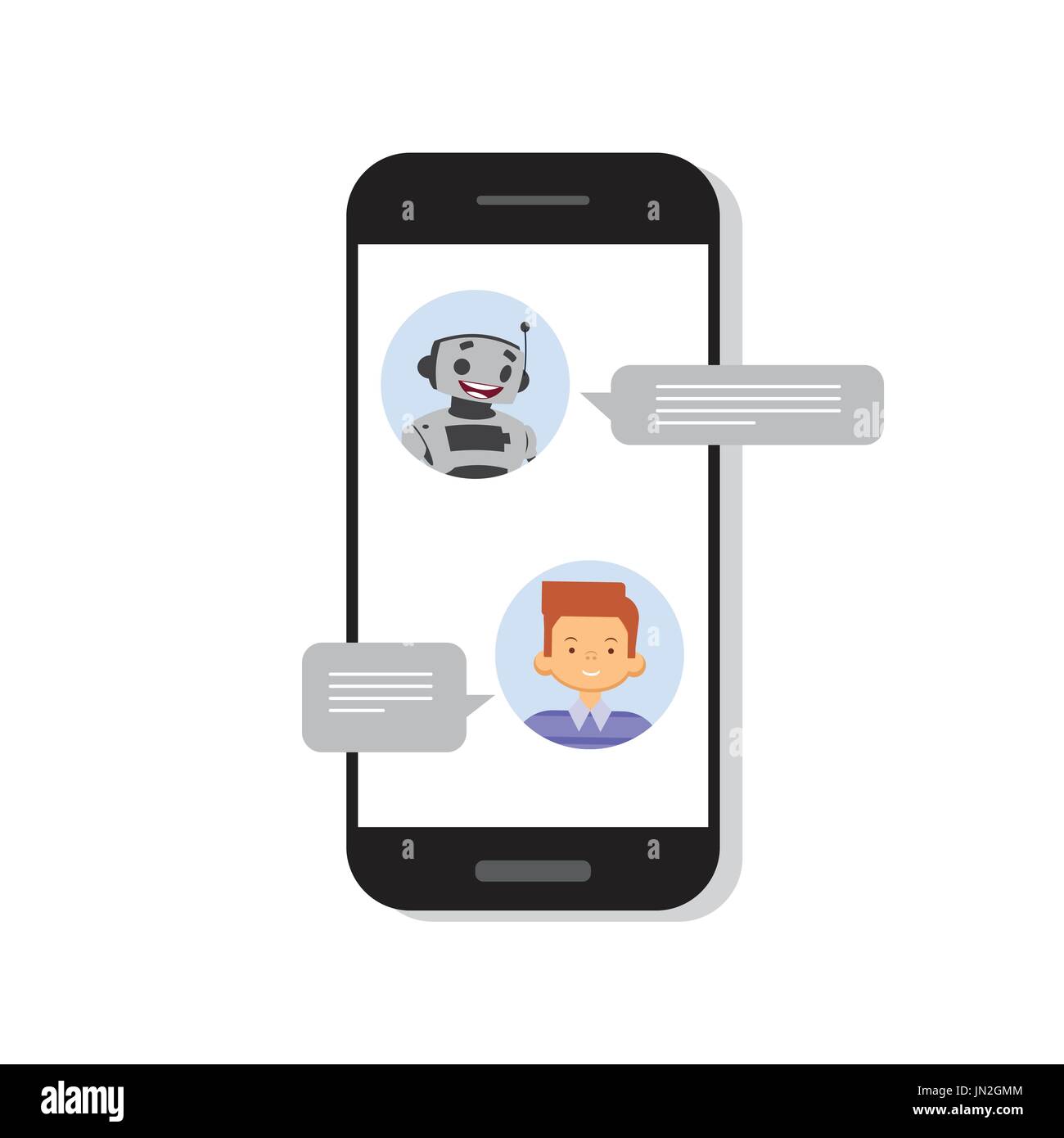 L'homme chat avec des Chat Bot sur Cell Smart Phone, Robot l'assistance virtuelle Élément de site Web ou applications mobiles Illustration de Vecteur