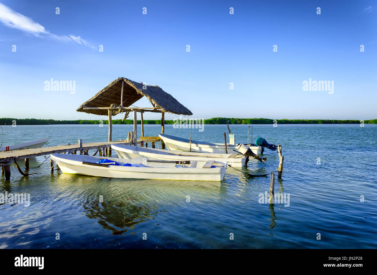 Bateaux sur le front de mer à Rio Lagartos dans la péninsule du Yucatan au Mexique Banque D'Images