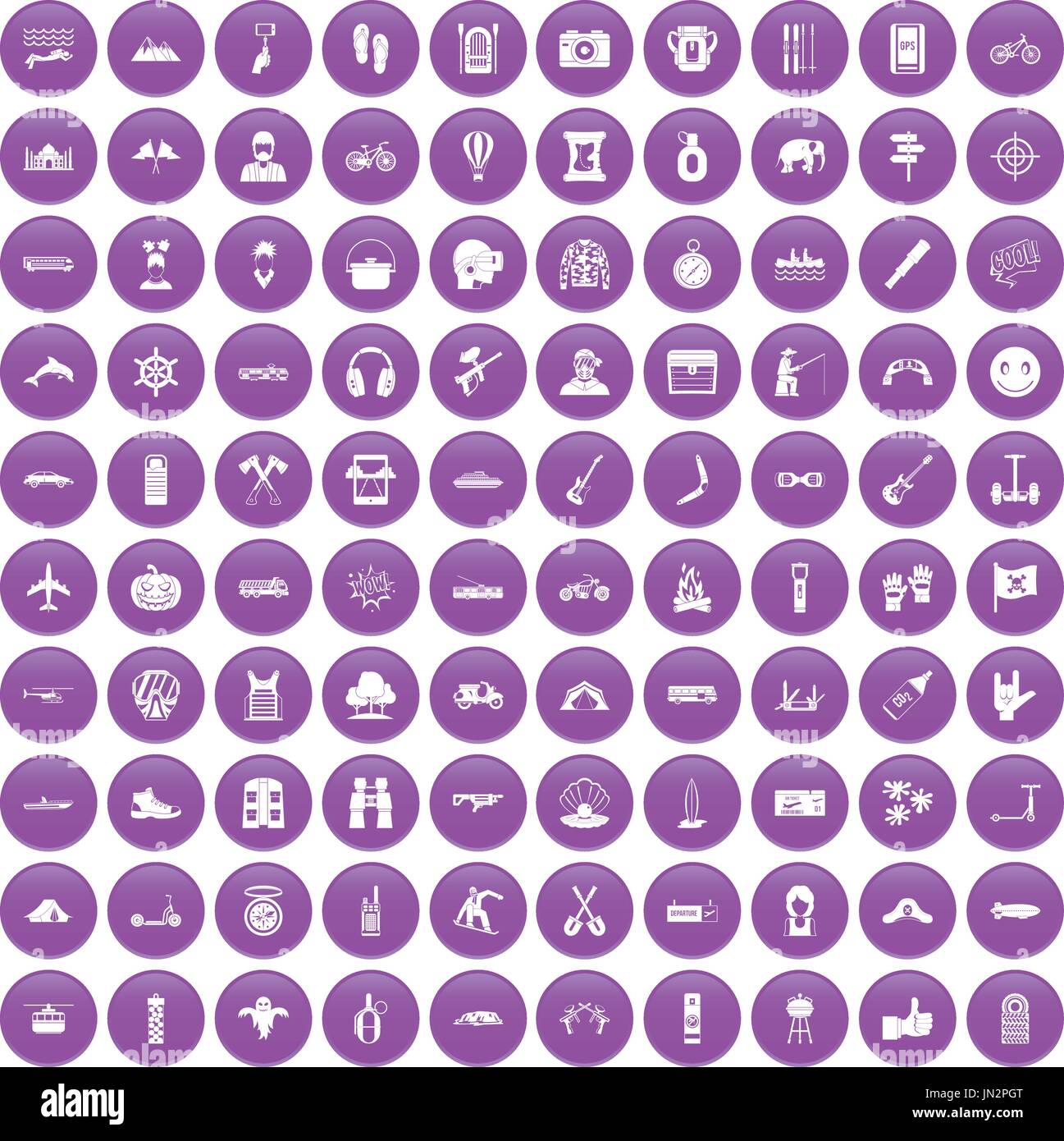 Aventure 100 icons set purple Illustration de Vecteur