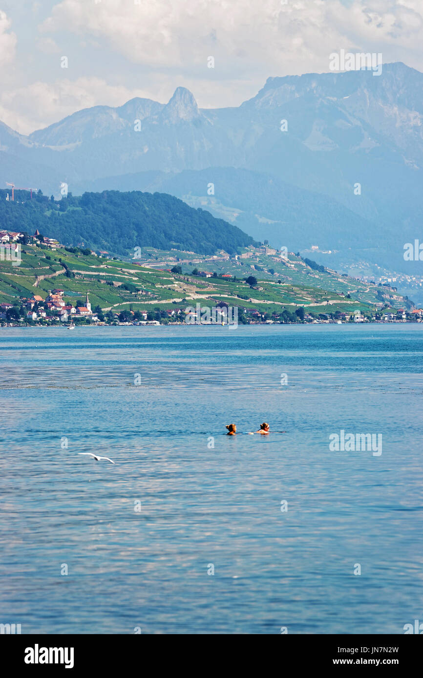 Lausanne, Suisse - le 26 août 2016 : Les femmes natation dans le lac de Genève et Lausanne, l'autre sur l'arrière-plan, la Suisse. Banque D'Images
