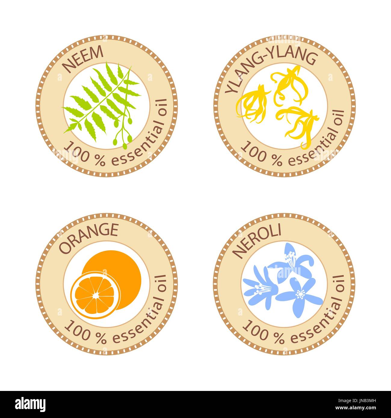 Série de télévision huile essentielle des étiquettes. L'ylang-ylang, le neem, Néroli, orange. Collection de logo. Vector illustration. Brown stamps, silhouettes lumineuses. Pour stick Illustration de Vecteur