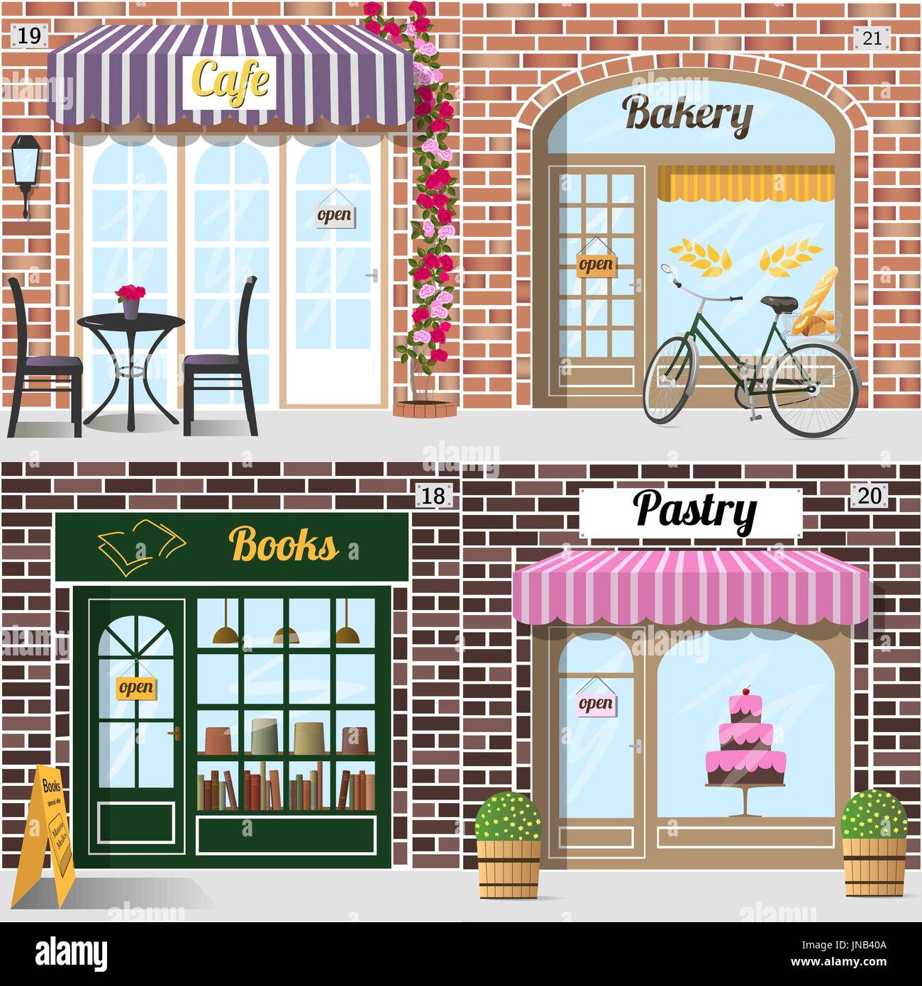 Ensemble de façades différentes boulangerie, café, librairie et à la pâtisserie. Illustration de Vecteur