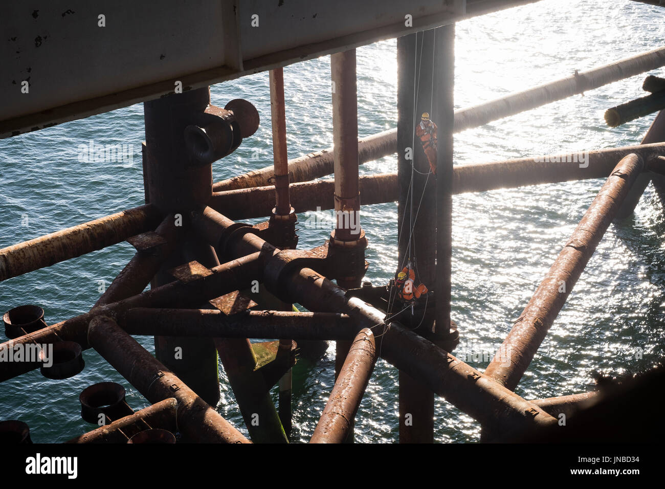 Deux cordistes, escalade une corde sur la mer du Nord une plate-forme de pétrole et de gaz. crédit : lee ramsden / alamy Banque D'Images