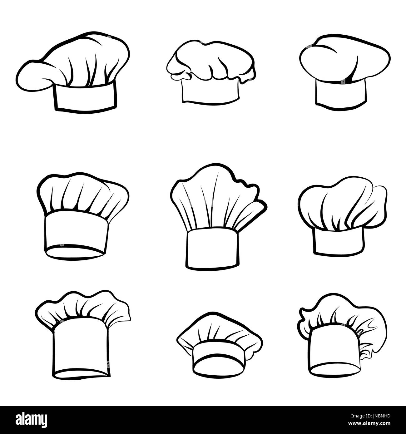 Cook hat. Appelée hat chef cuisine. Hat chef-cuisinière. Vector black hat chef cuisinier sur un fond blanc Banque D'Images