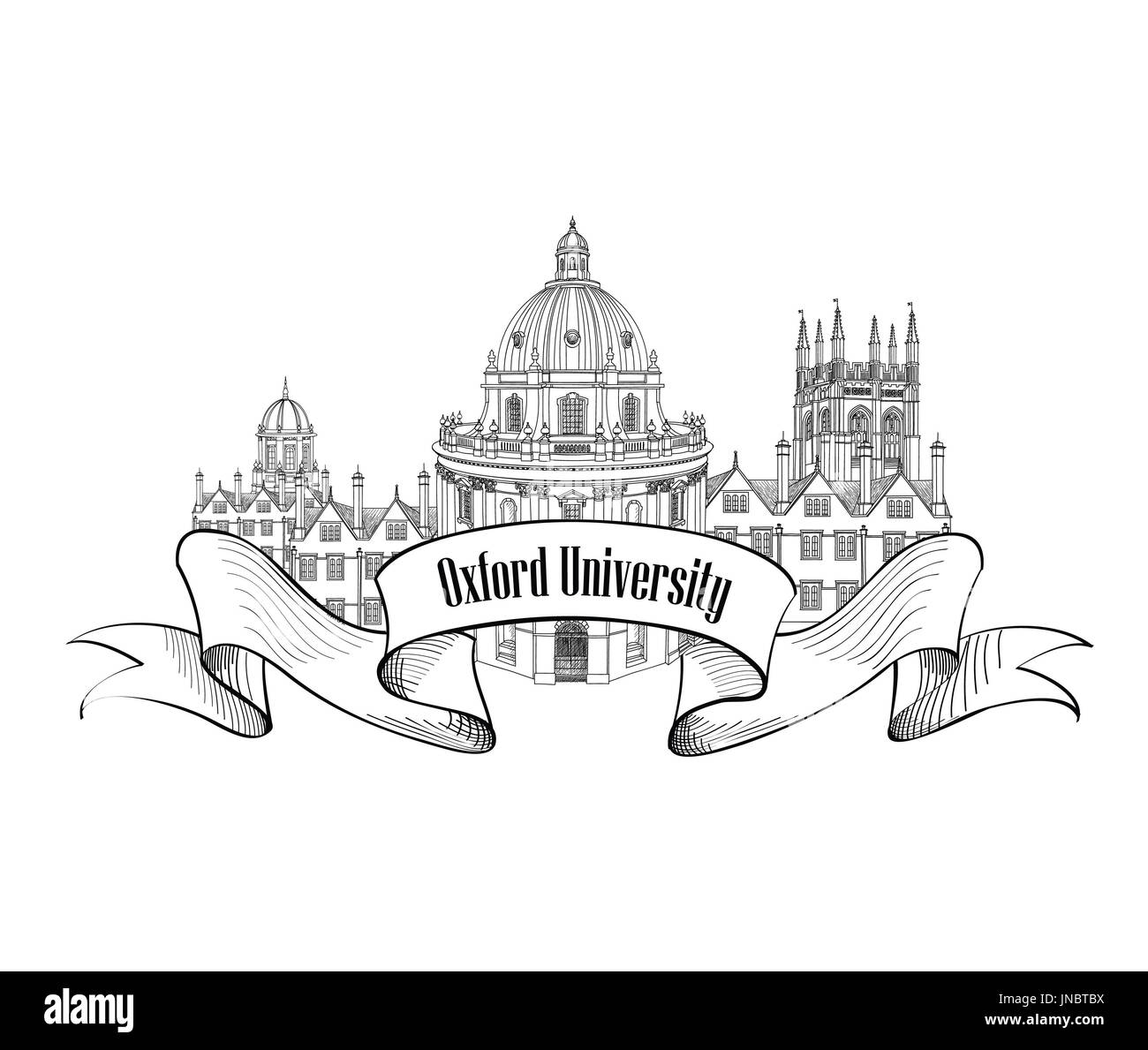 Univercity Oxford label. Oxford city skyline gravé. Arcchitectural de bâtiments célèbres. Billet d'UK sign Banque D'Images
