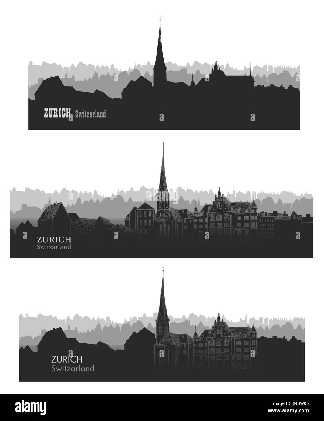 Zurich ville, Suisse. Silhouette élancée. Paysage urbain vectoriel. Voyage célèbres villes européennes ensemble Banque D'Images