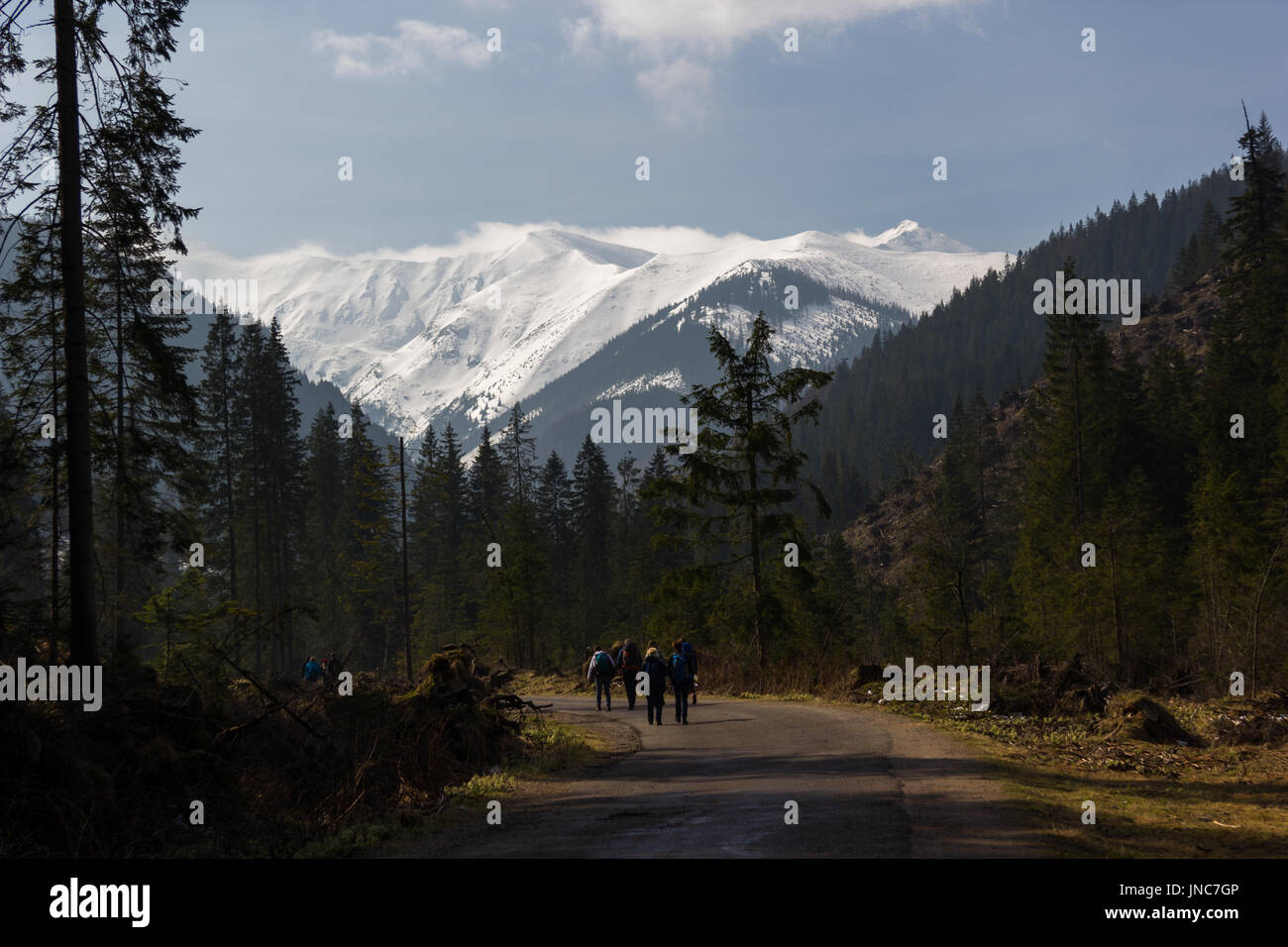 Les gens dans la vallée de montagne randonnées au début du printemps Banque D'Images