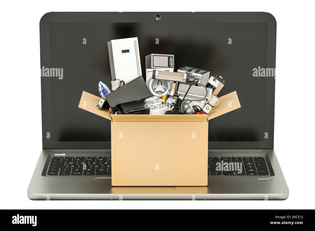 Magasinage en ligne concept avec ordinateur portable et boîte en carton plein de l'électroménager, 3D Rendering Banque D'Images