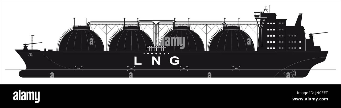 Silhouette noire d'un immense océan tanker pour gaz liquéfié. Tracé de détails. Vue de côté. Illustration de Vecteur