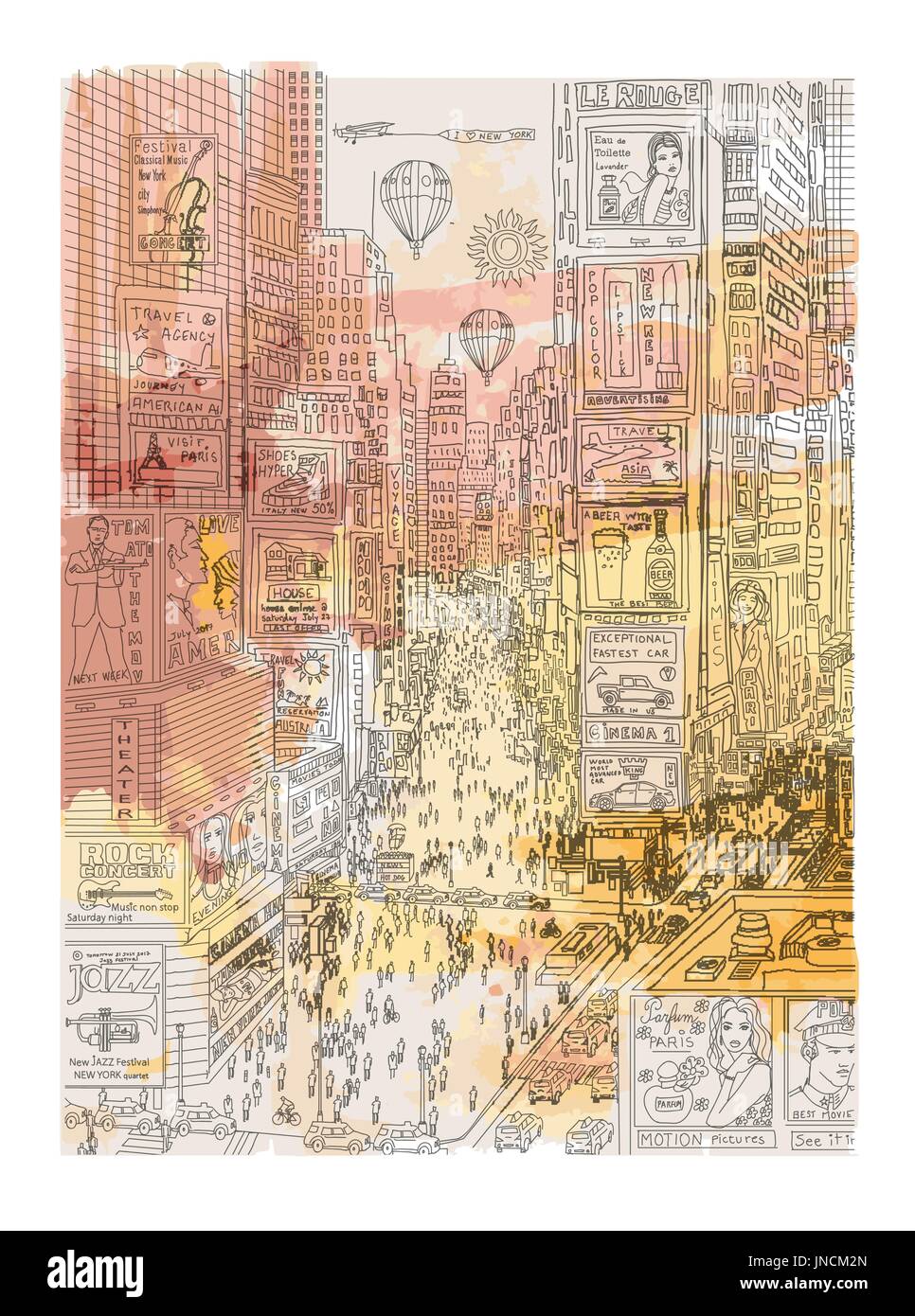 Vue sur Times Square à New York (toutes les annonces sont imaginaires) - vector illustration Illustration de Vecteur