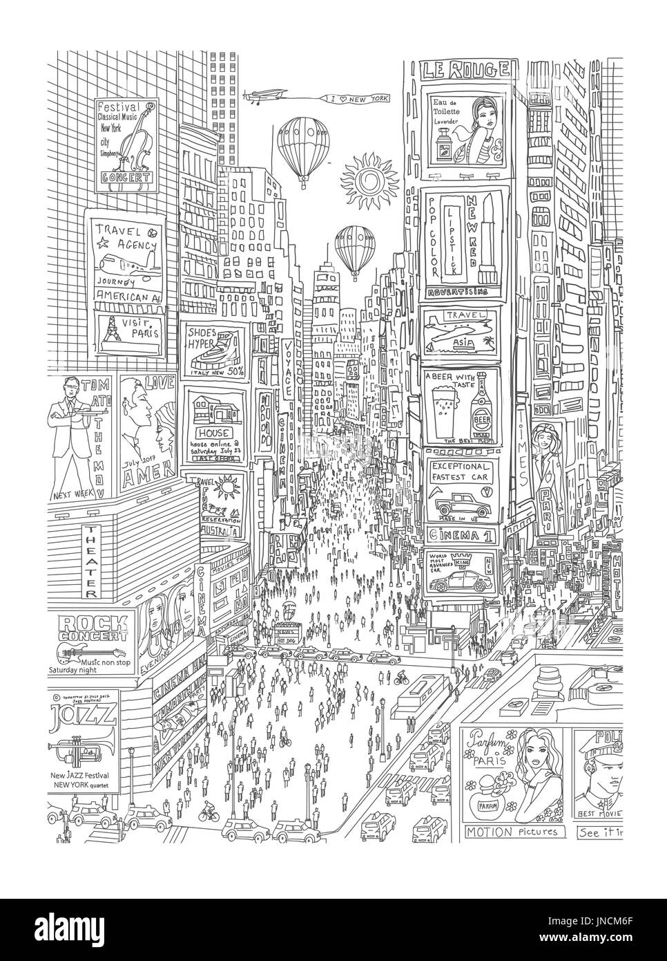 Vue sur Times Square à New York (toutes les annonces sont imaginaires) - vector illustration Illustration de Vecteur