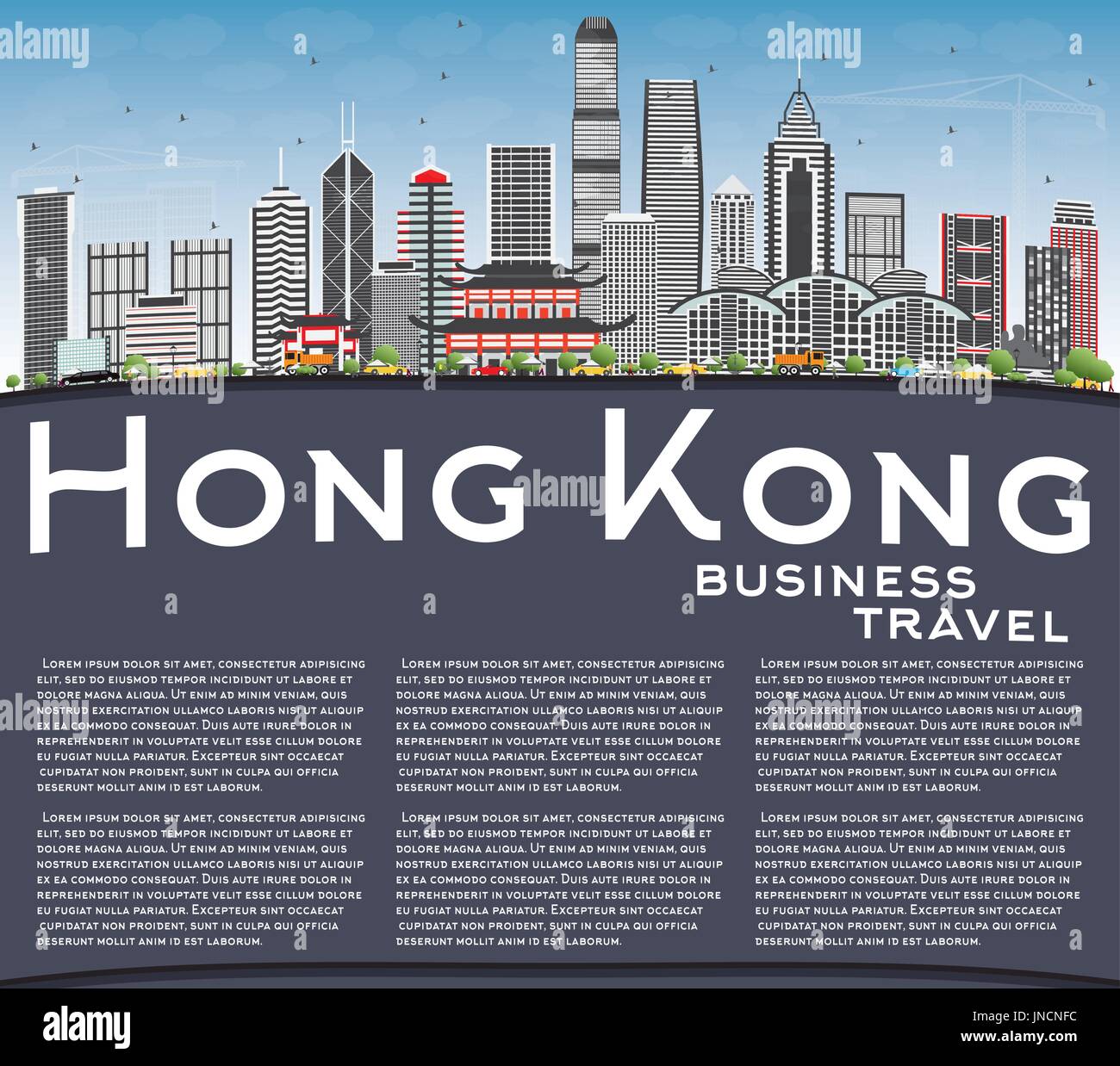 Horizon de hong kong avec des bâtiments gris, bleu ciel et espace copie. vector illustration. Les voyages d'affaires et tourisme concept avec l'architecture moderne. Illustration de Vecteur