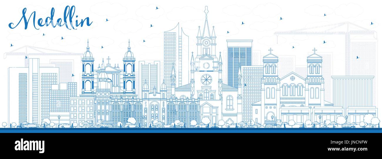 Medellin contour bleu horizon avec bâtiments. vector illustration. Les voyages d'affaires et tourisme concept avec l'architecture historique. Illustration de Vecteur