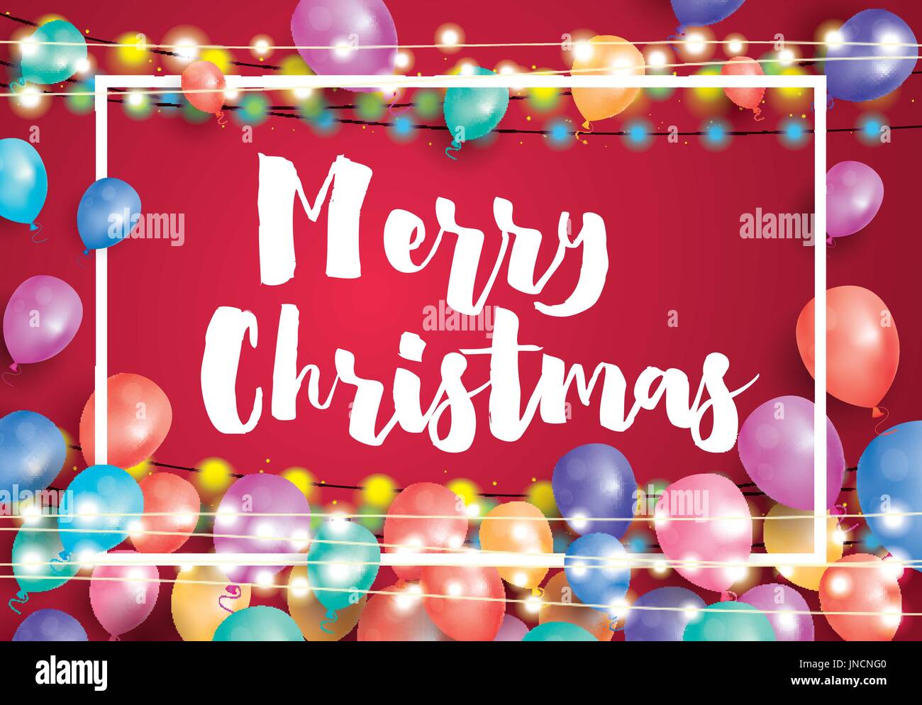 Joyeux Noël Carte postale avec des ballons, cadre blanc et Garland au néon. Vector Illustration. Illustration de Vecteur