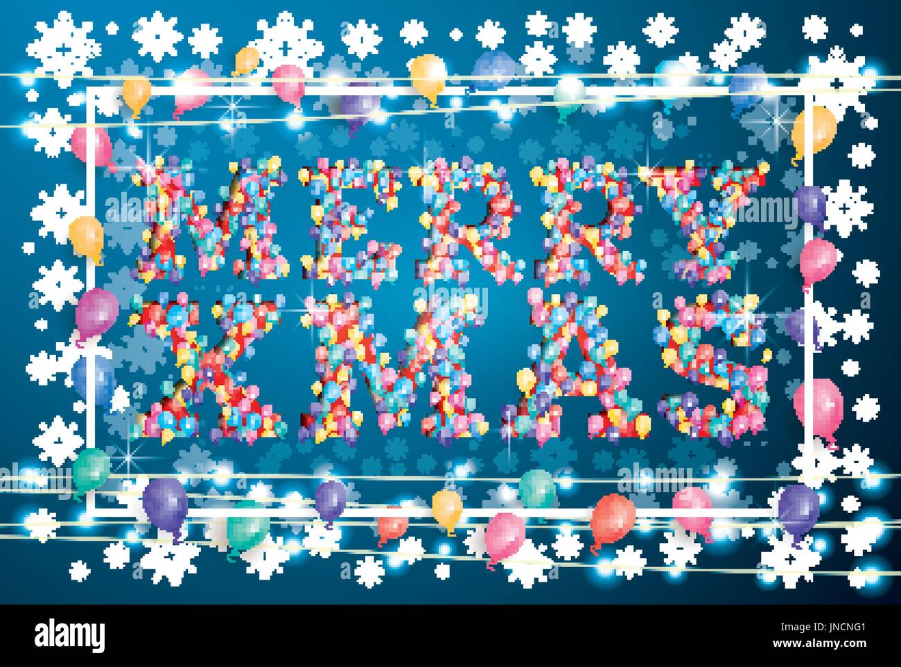 Joyeux Noël Carte postale avec des ballons, cadre blanc et Garland au néon. Vector Illustration. Illustration de Vecteur