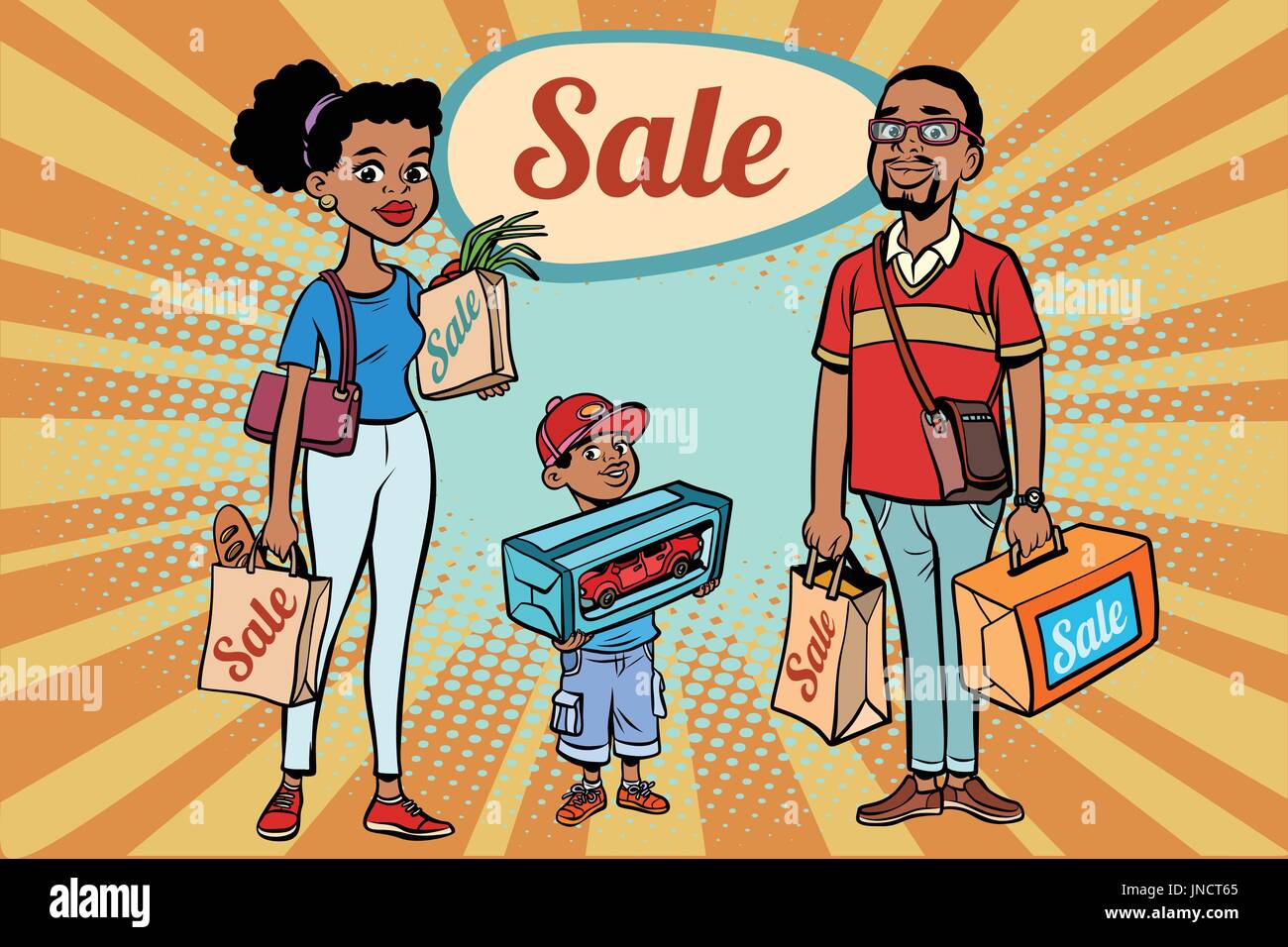 La famille africaine Papa maman et fils avec des magasins de vente. Cartoon comics retro pop art dessin illustration couleur Illustration de Vecteur
