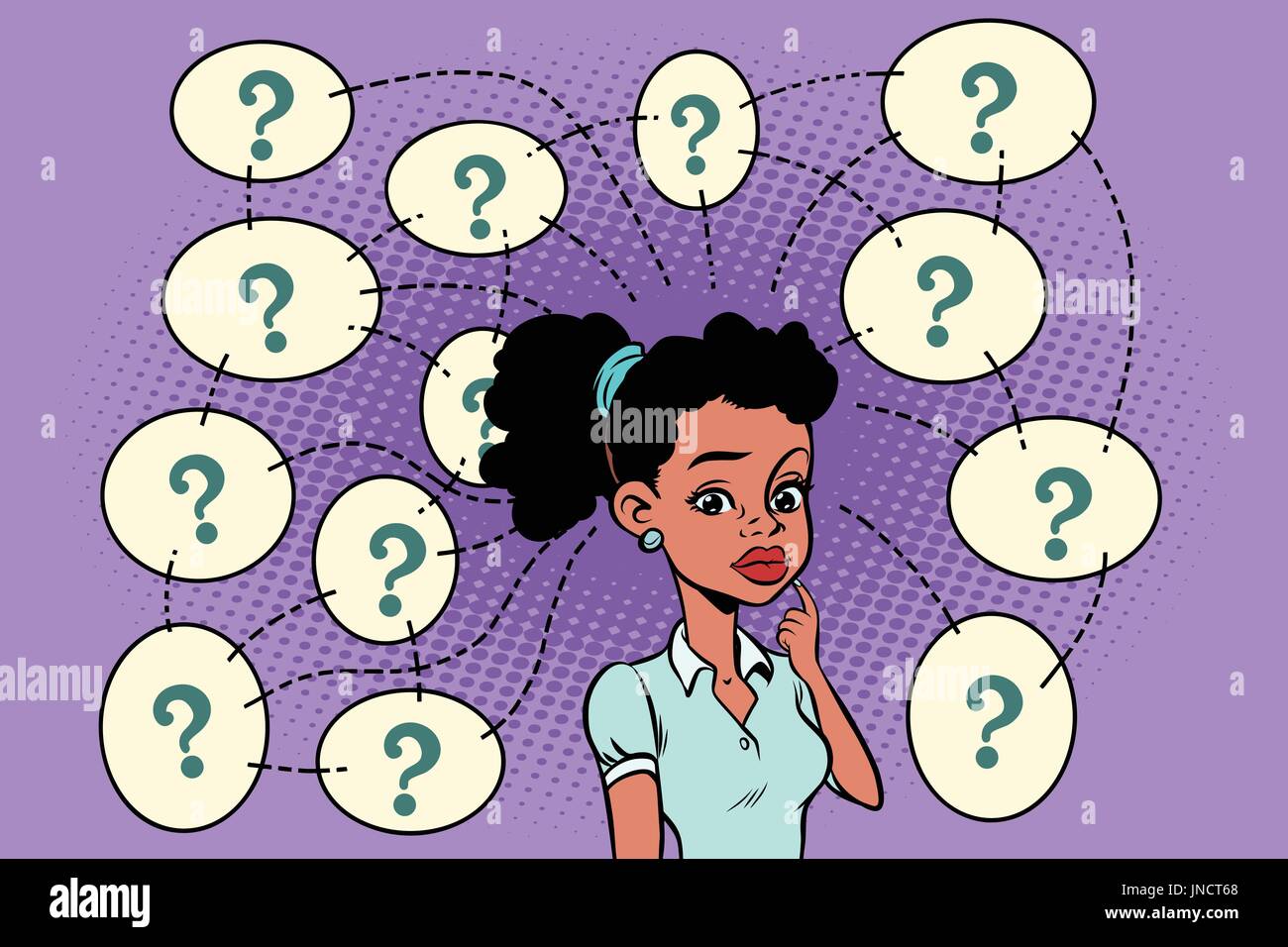 Femme africaine résout le problème, questions et réflexions. Cartoon comics retro pop art dessin illustration couleur Illustration de Vecteur