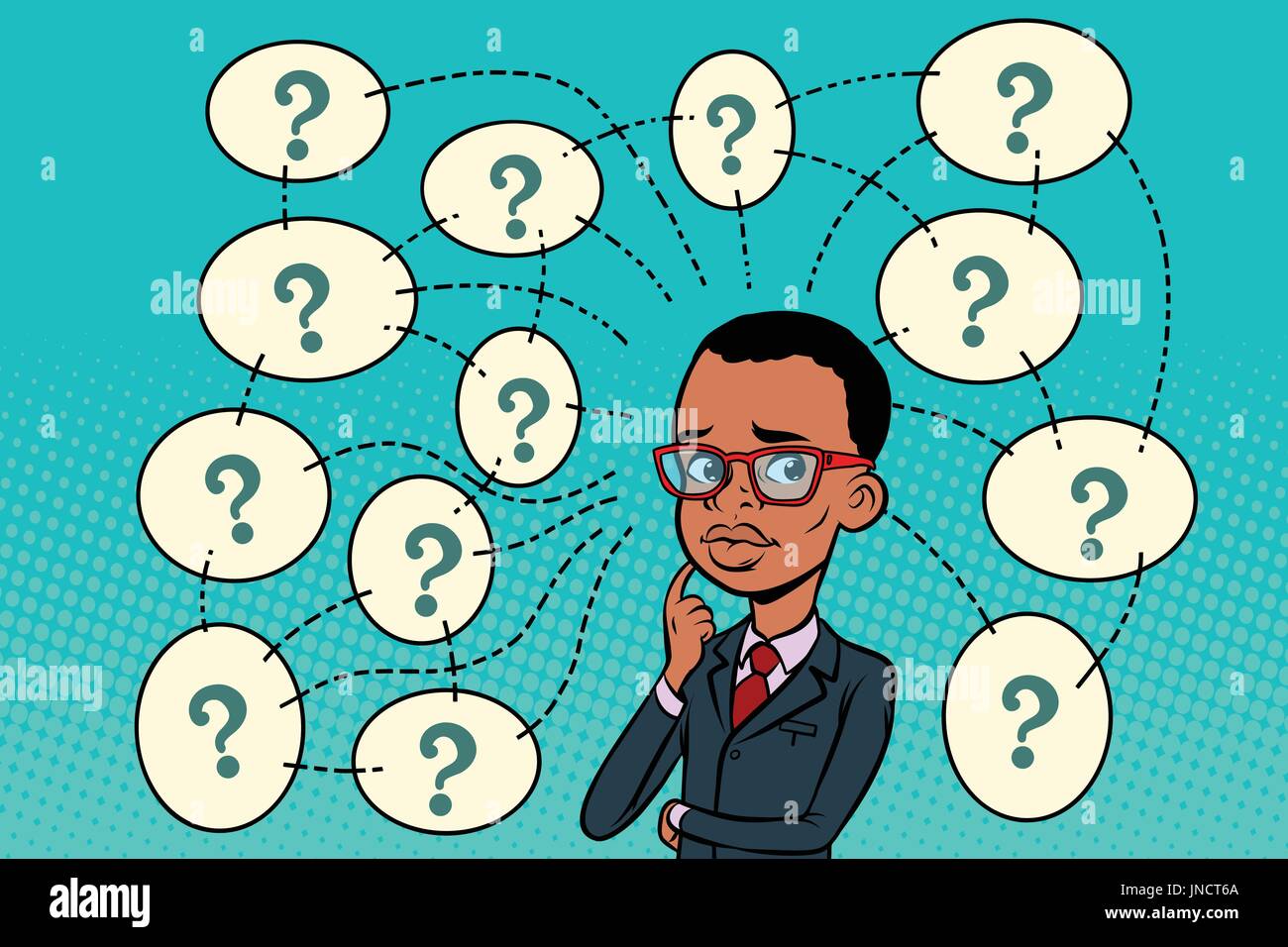 Homme africain résout le problème, questions et réflexions. Cartoon comics retro pop art dessin illustration couleur Illustration de Vecteur