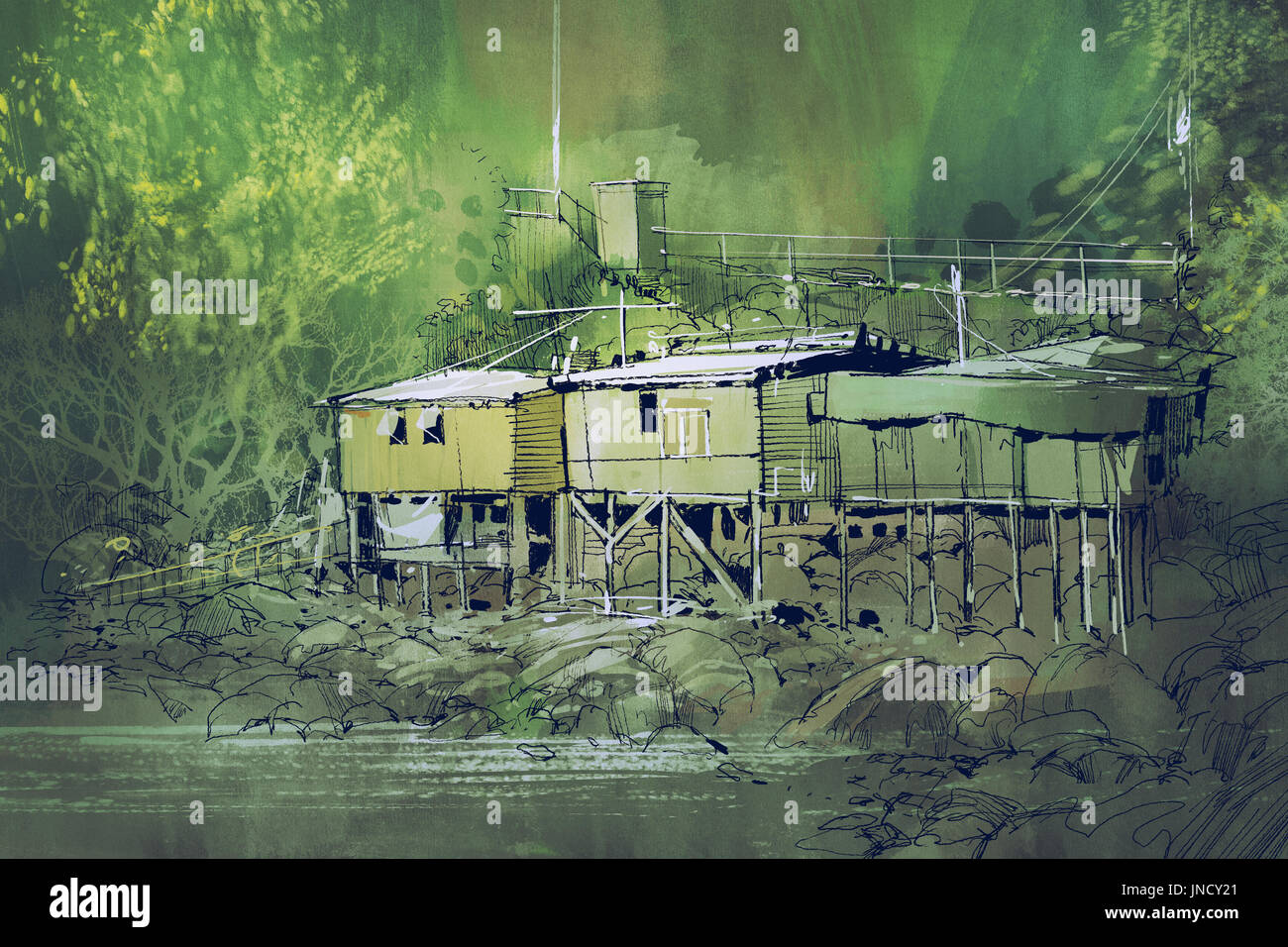 Paysage de maisons anciennes entre la nature en campagne avec un style de peinture à l'aquarelle, illustration Banque D'Images