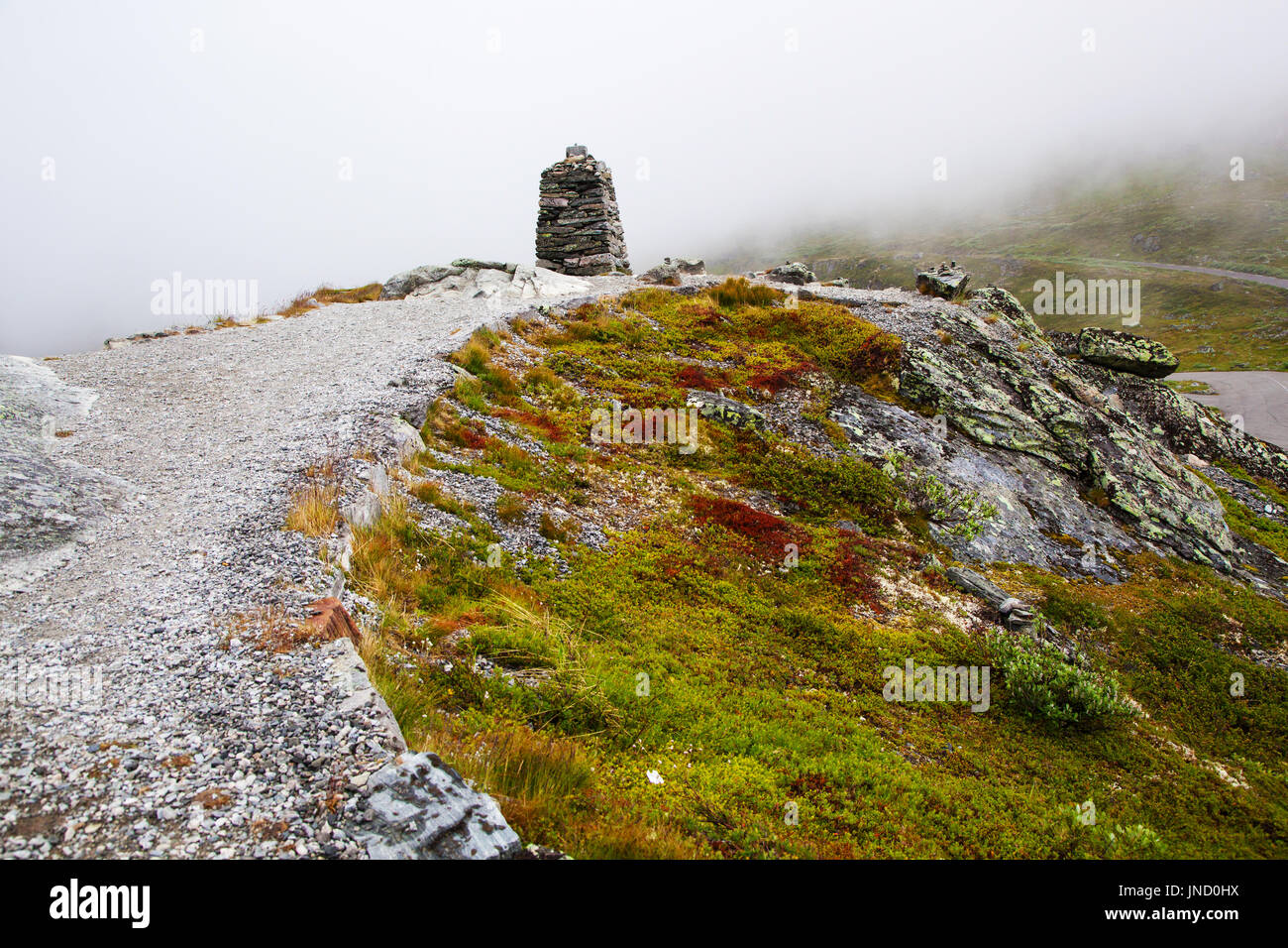 Vue depuis la route touristique 55 Sognefjellsvegen dans misty météo, Norvège Banque D'Images